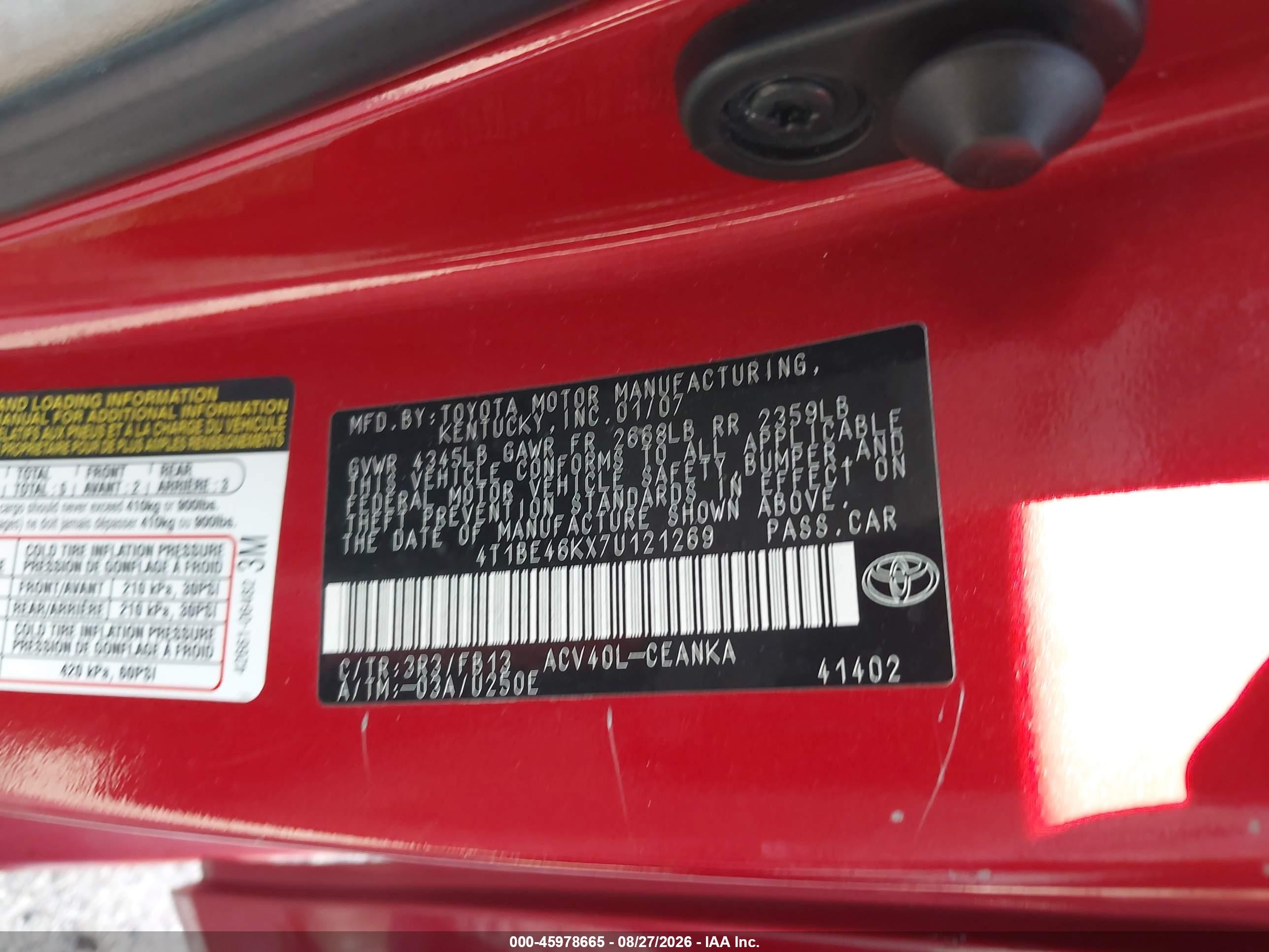 2007 Toyota Camry Le Red vin: 4T1BE46KX7U121269
