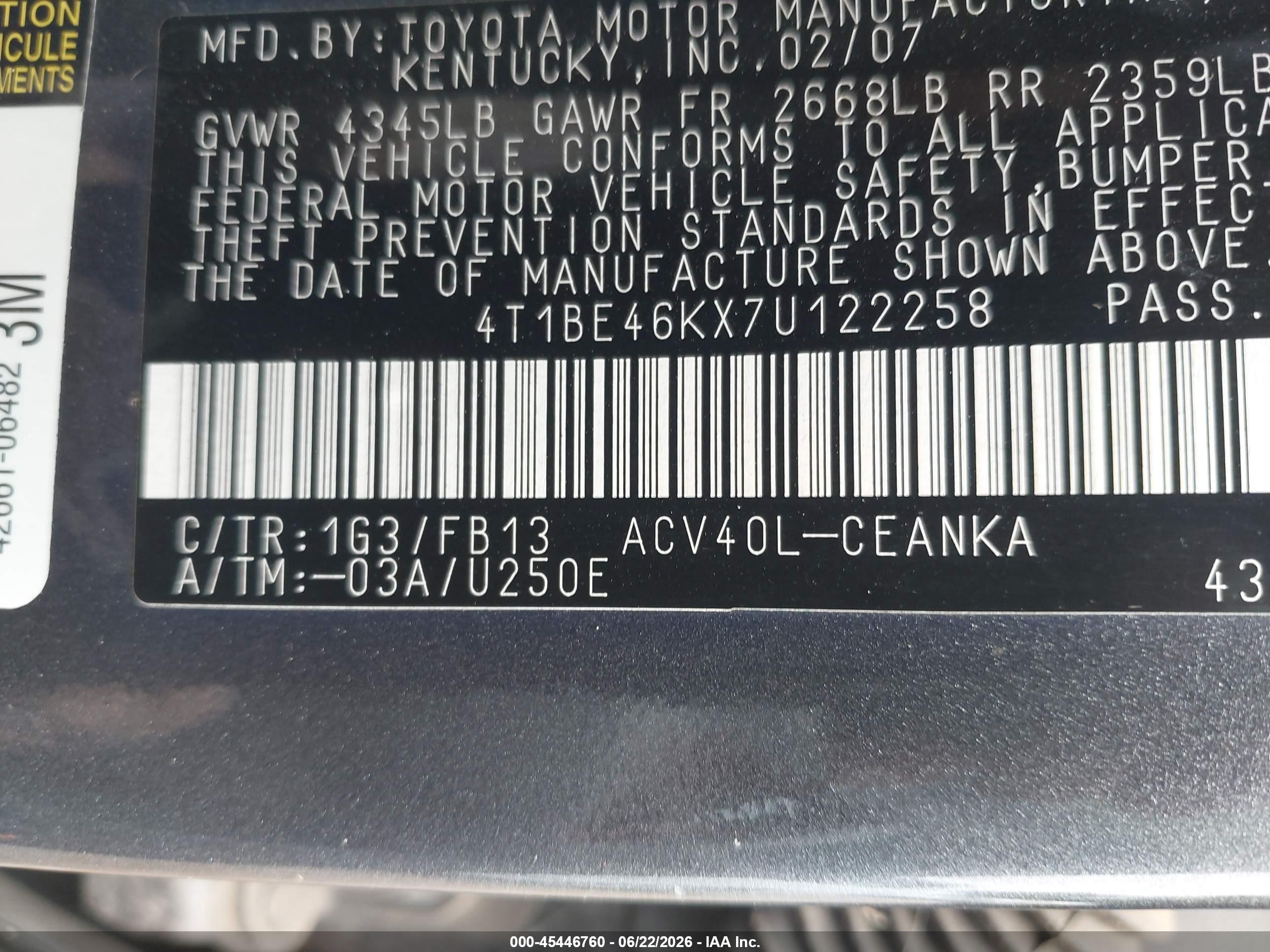 2007 Toyota Camry Le Gray vin: 4T1BE46KX7U122258