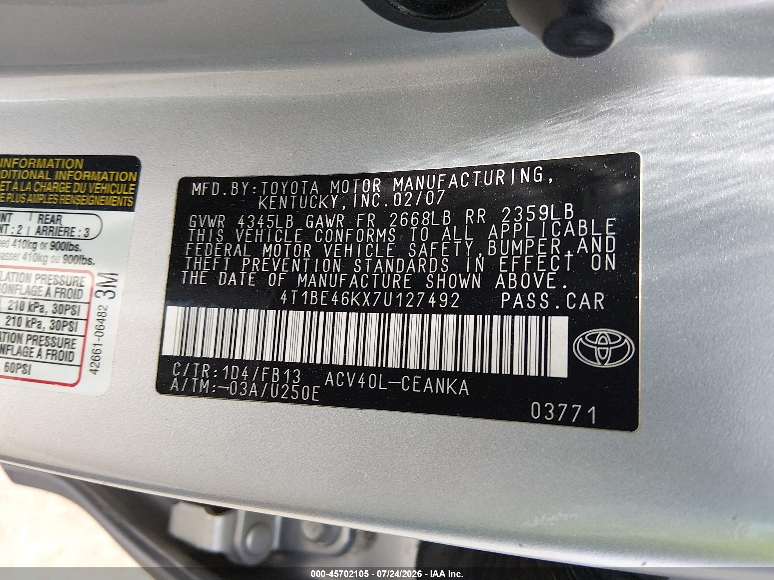 2007 Toyota Camry Le Silver vin: 4T1BE46KX7U127492