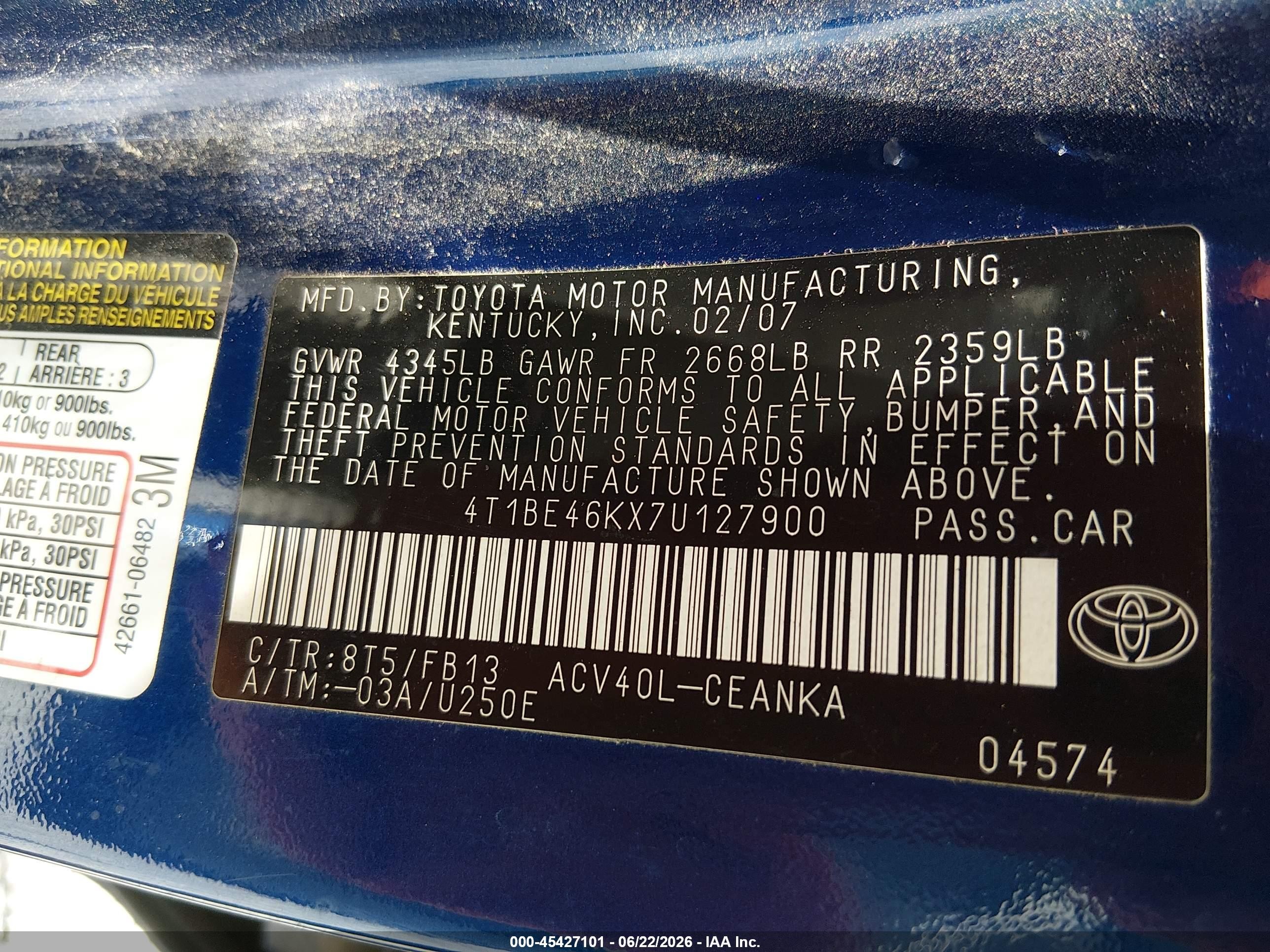 2007 Toyota Camry Le Blue vin: 4T1BE46KX7U127900