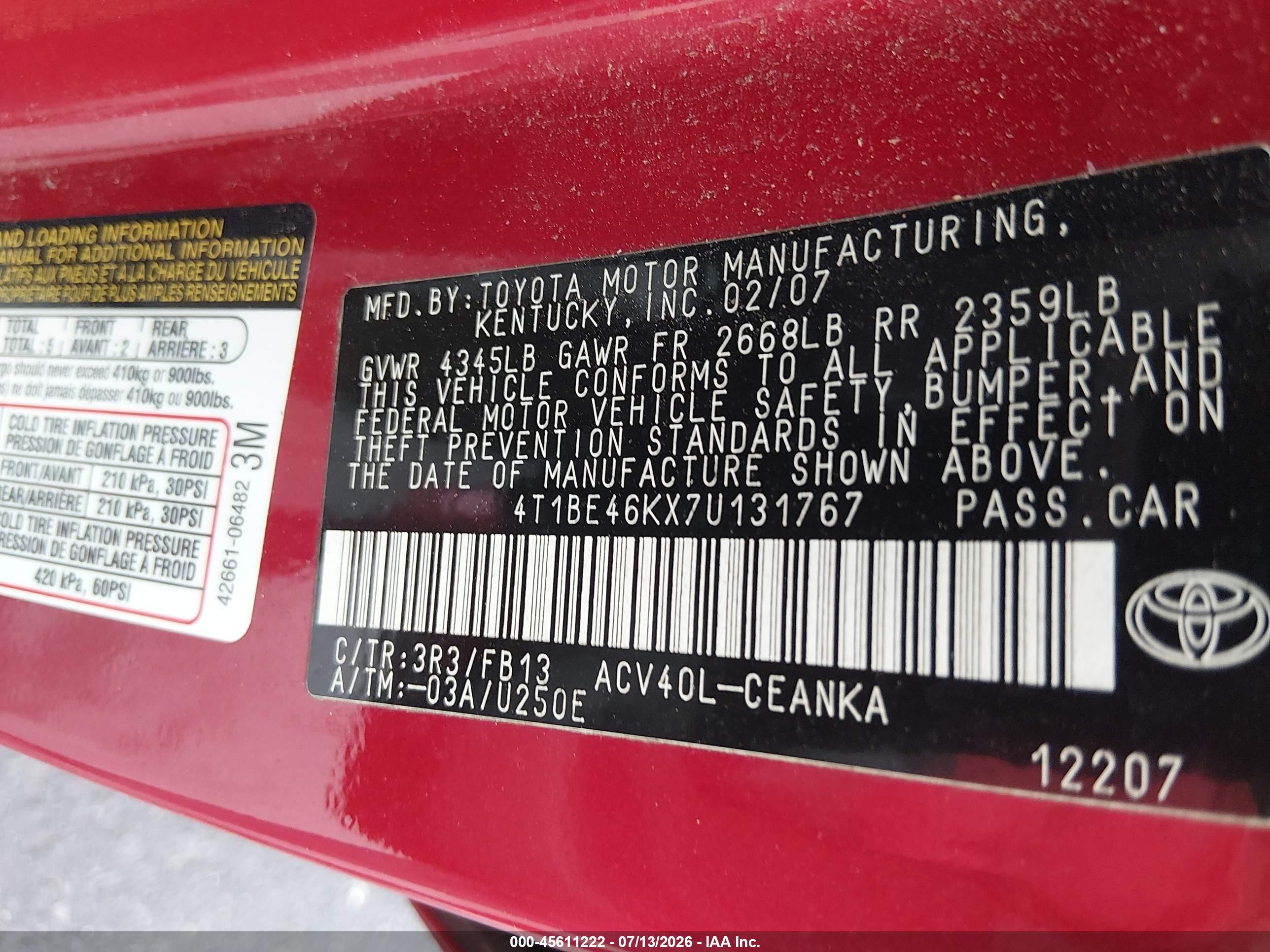 2007 Toyota Camry Le Красный vin: 4T1BE46KX7U131767
