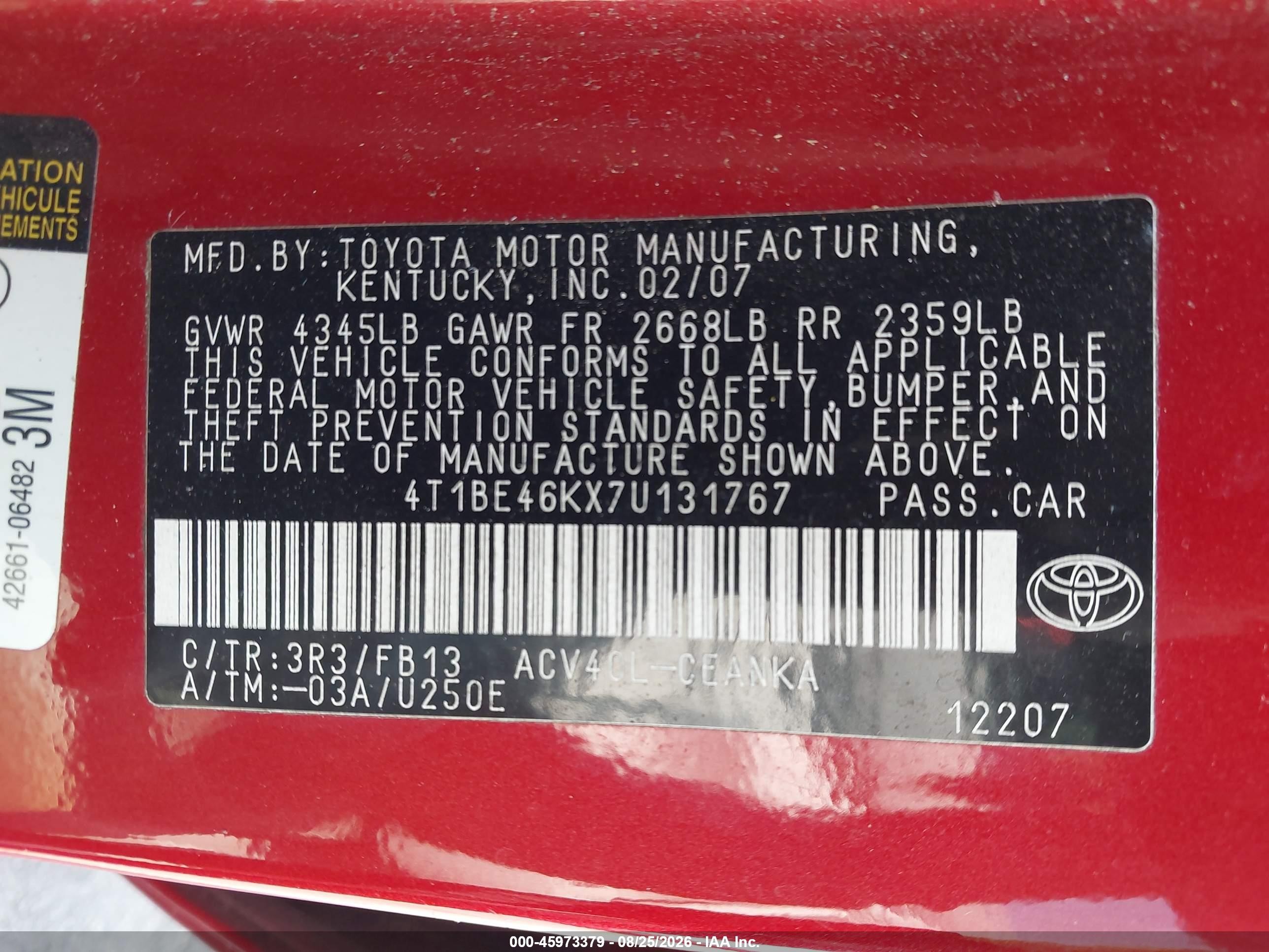 2007 Toyota Camry Le Red vin: 4T1BE46KX7U131767