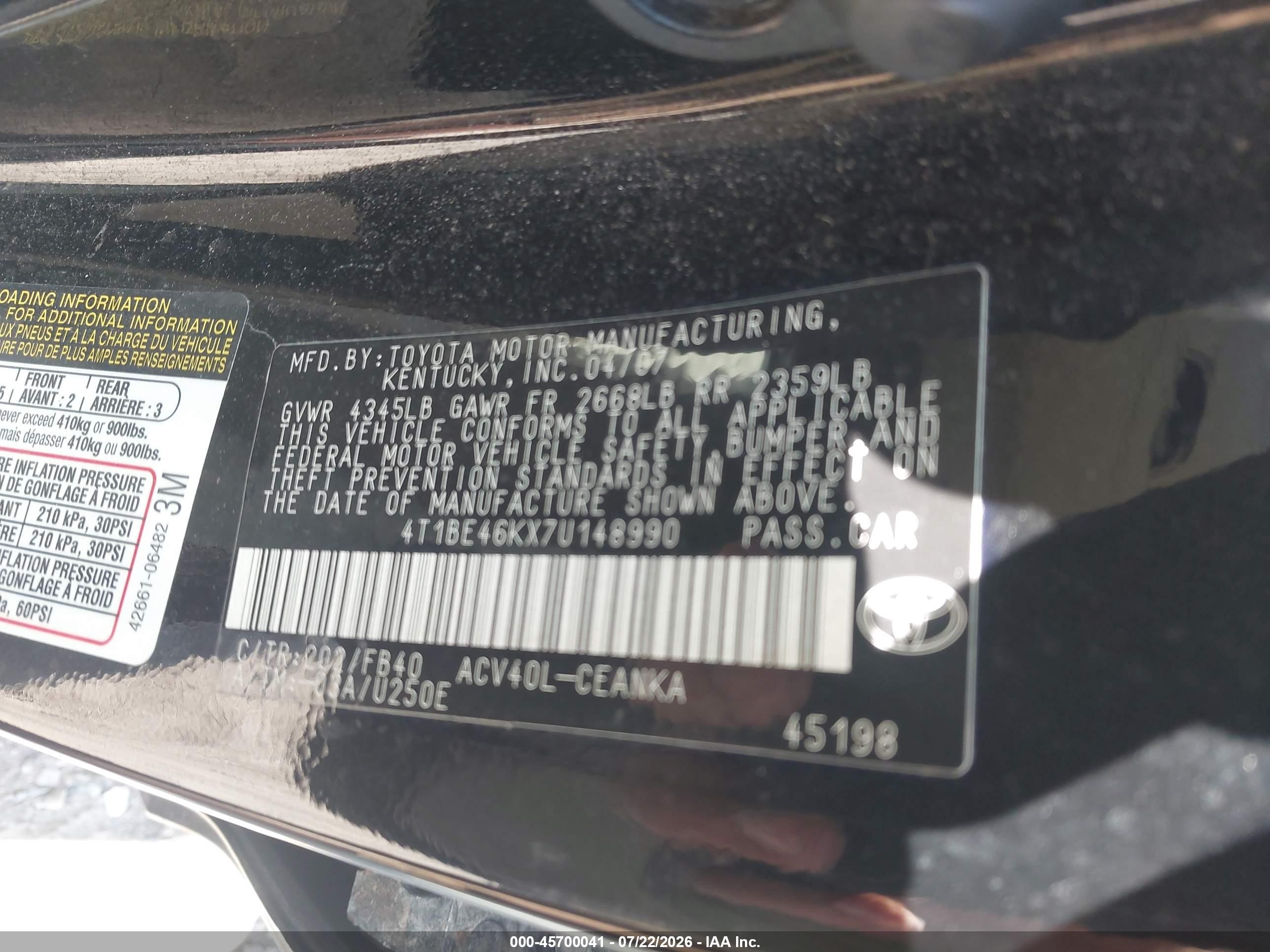 2007 Toyota Camry Le Black vin: 4T1BE46KX7U148990