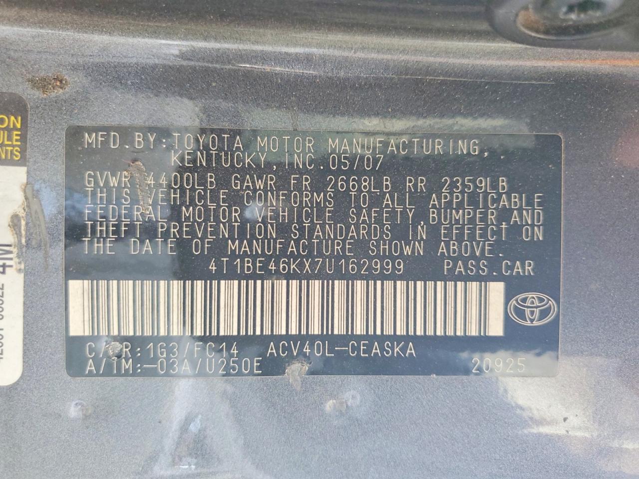 2007 Toyota Camry Se Gray vin: 4T1BE46KX7U162999