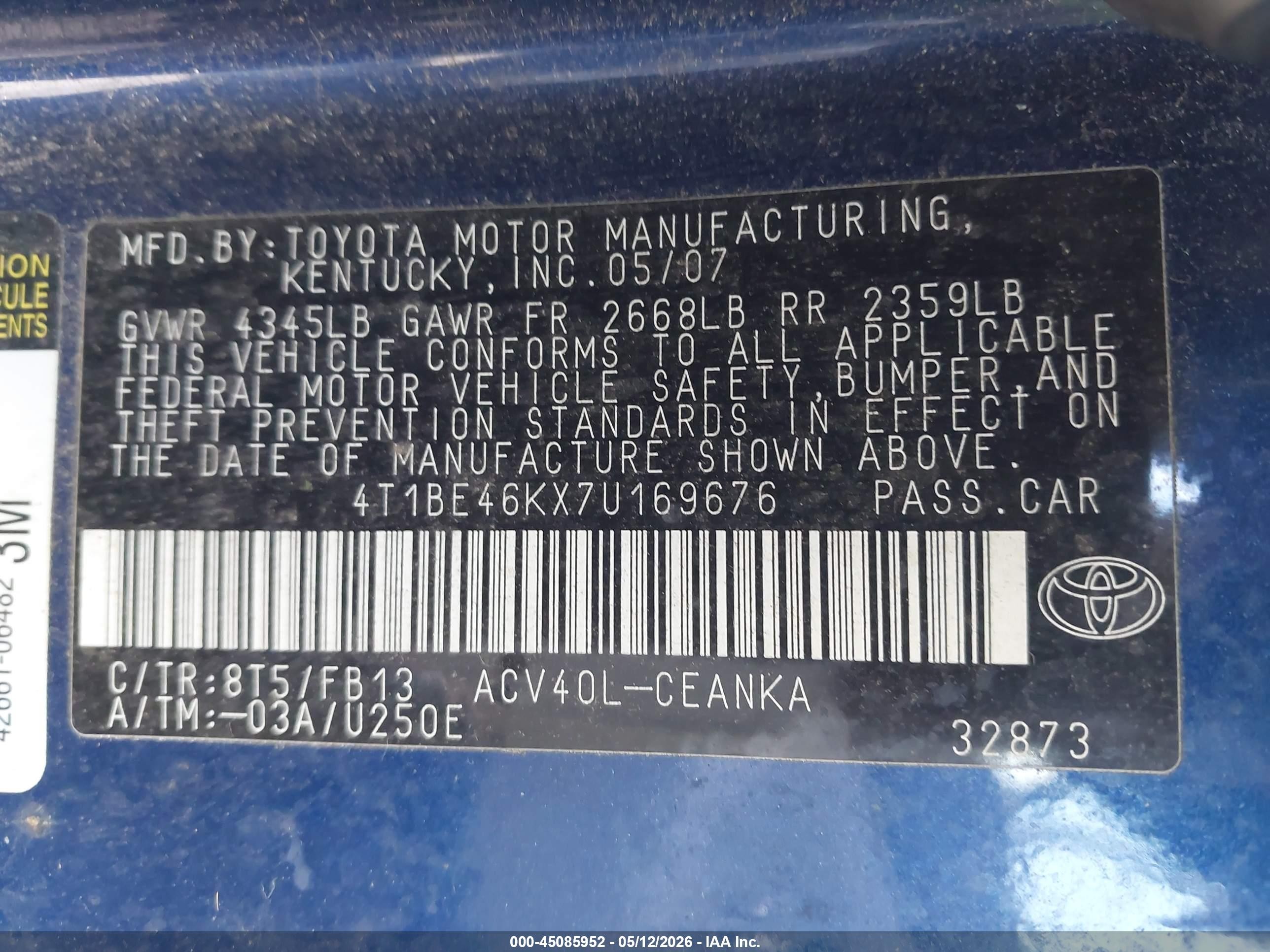 2007 Toyota Camry Ce Blue vin: 4T1BE46KX7U169676