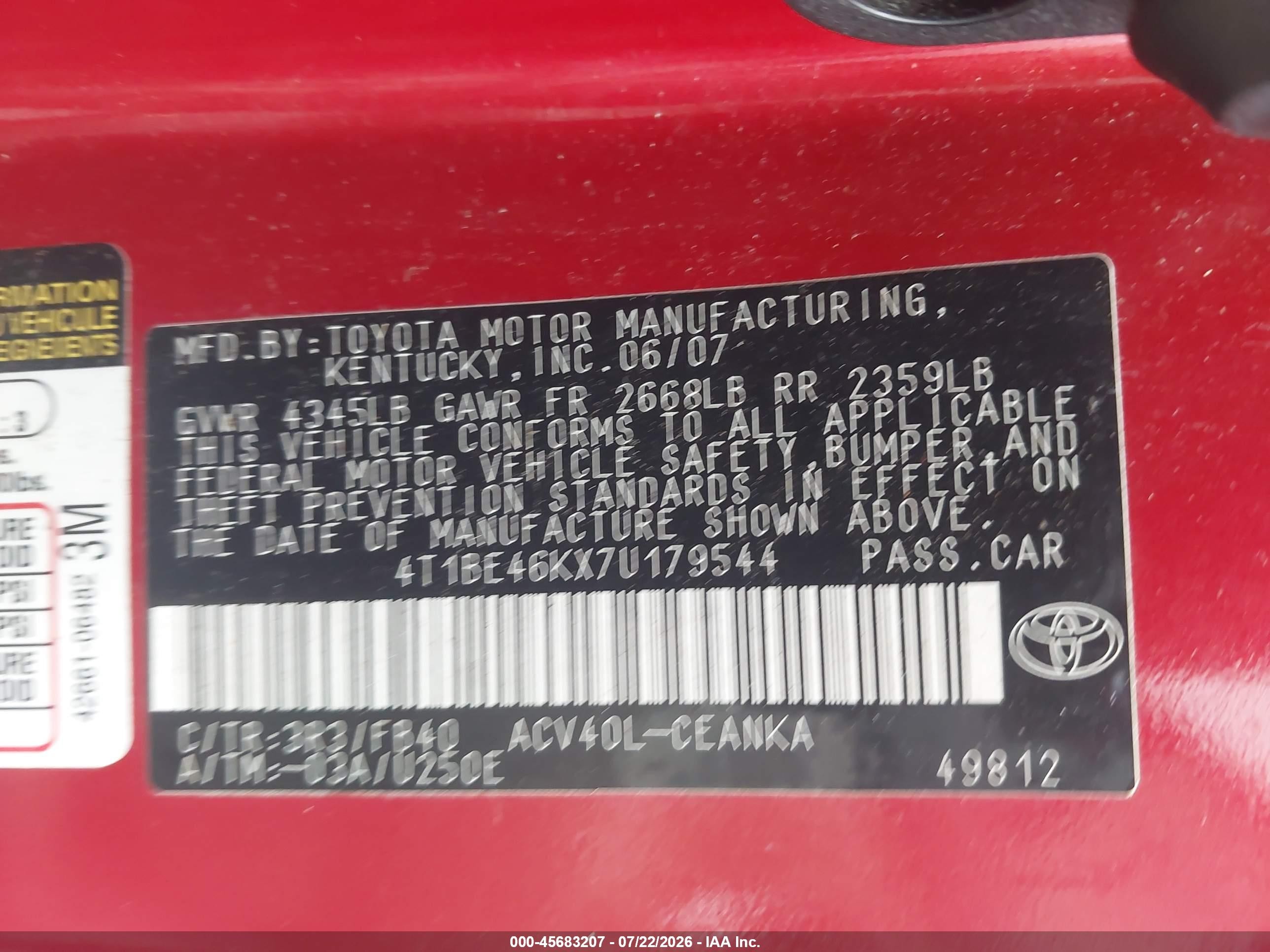 2007 Toyota Camry Le Red vin: 4T1BE46KX7U179544