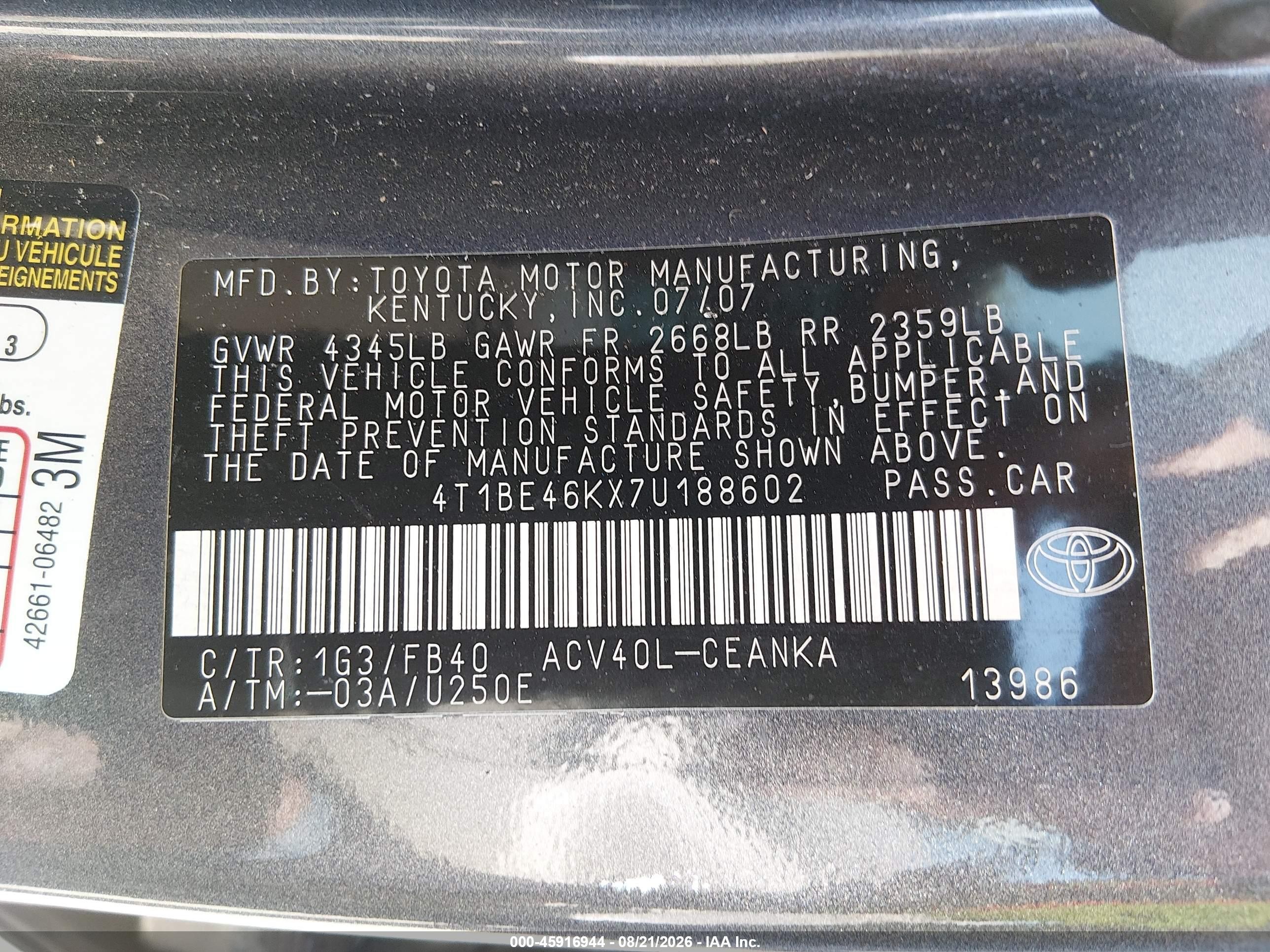 2007 Toyota Camry Le Gray vin: 4T1BE46KX7U188602