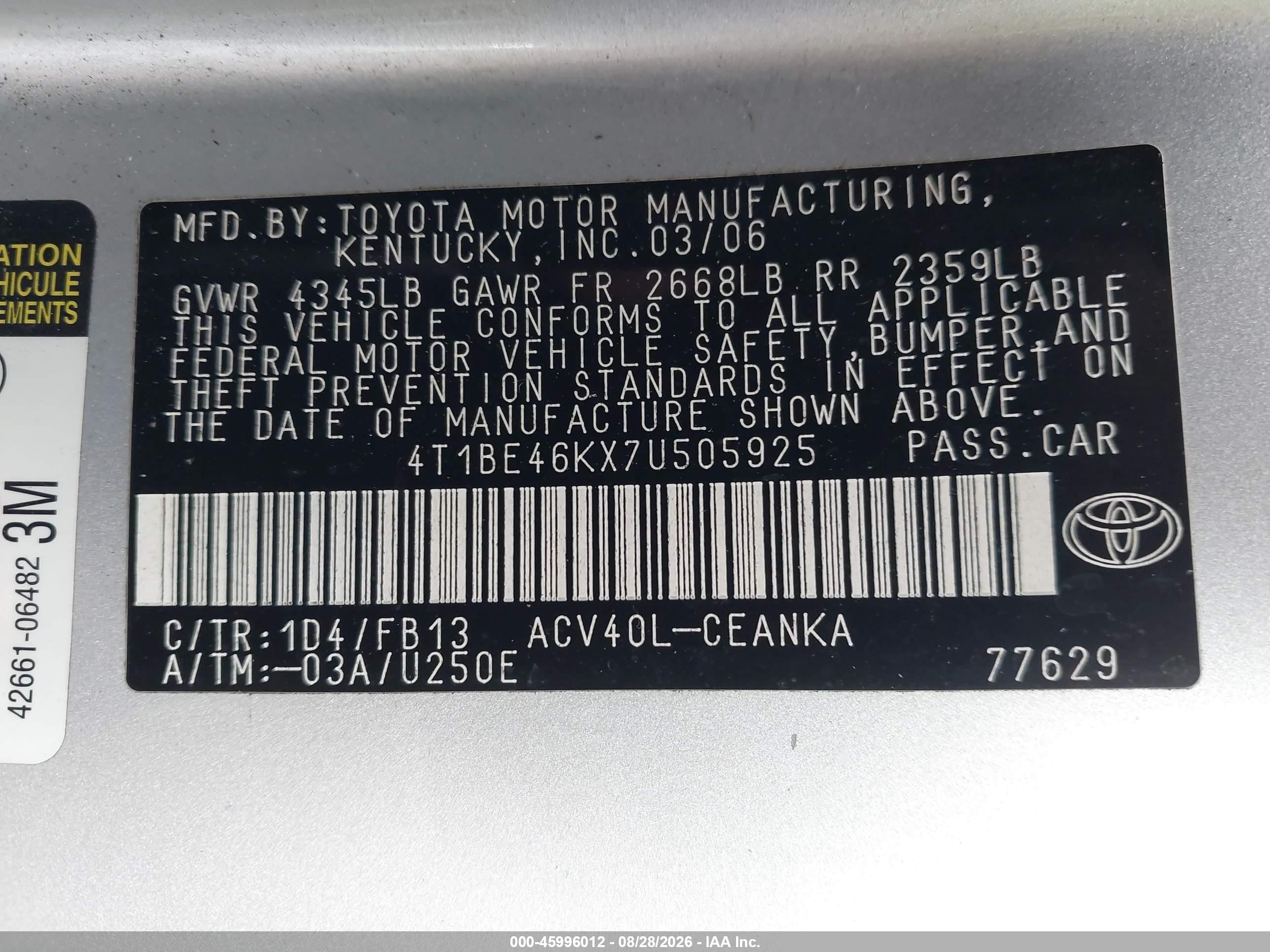 2007 Toyota Camry Ce Silver vin: 4T1BE46KX7U505925