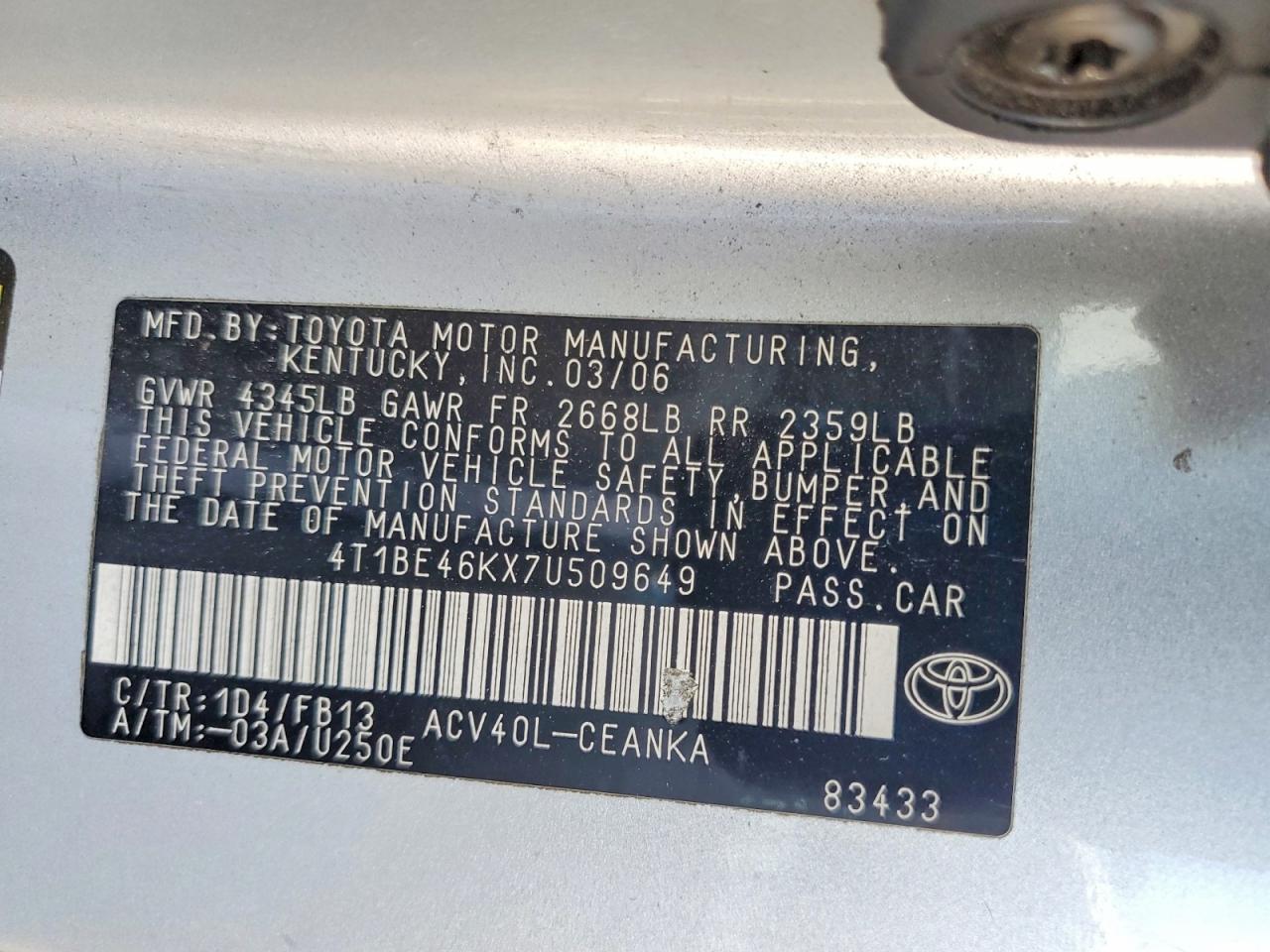 2007 Toyota Camry Le Silver vin: 4T1BE46KX7U509649