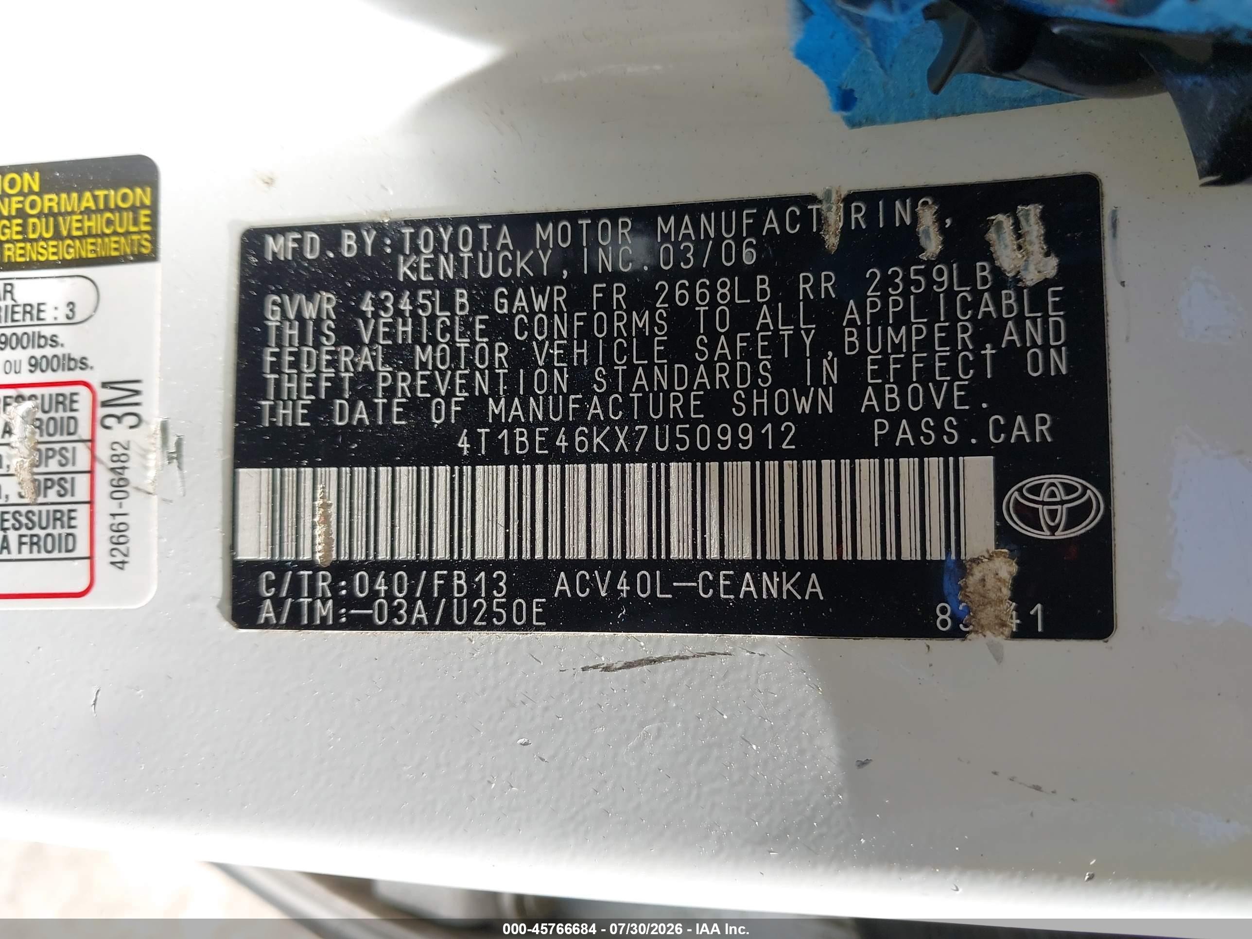 2007 Toyota Camry Le Серебряный vin: 4T1BE46KX7U509912