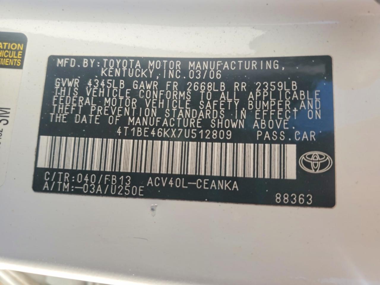 2007 Toyota Camry Le Серый vin: 4T1BE46KX7U512809