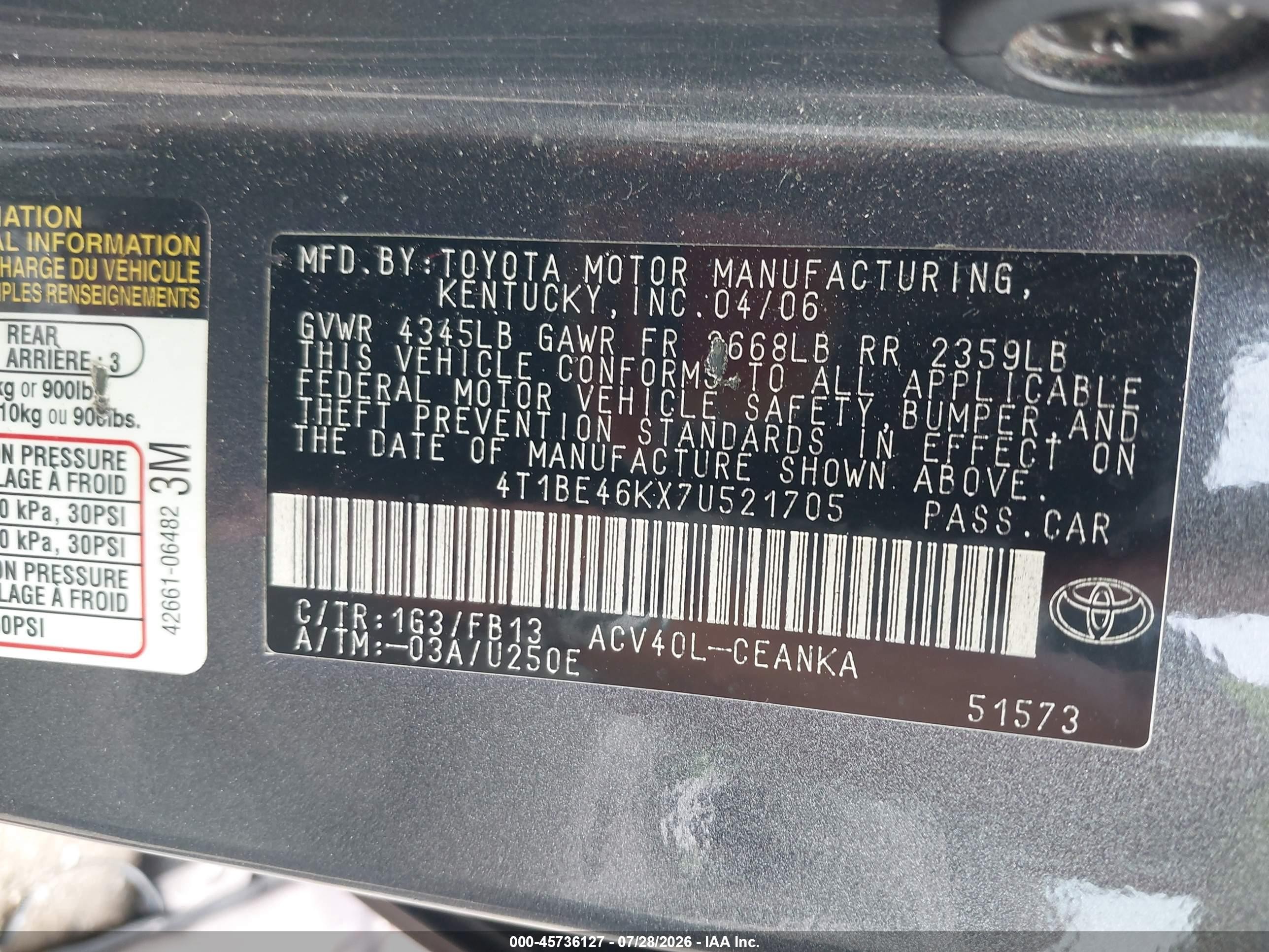 2007 Toyota Camry Le Gray vin: 4T1BE46KX7U521705