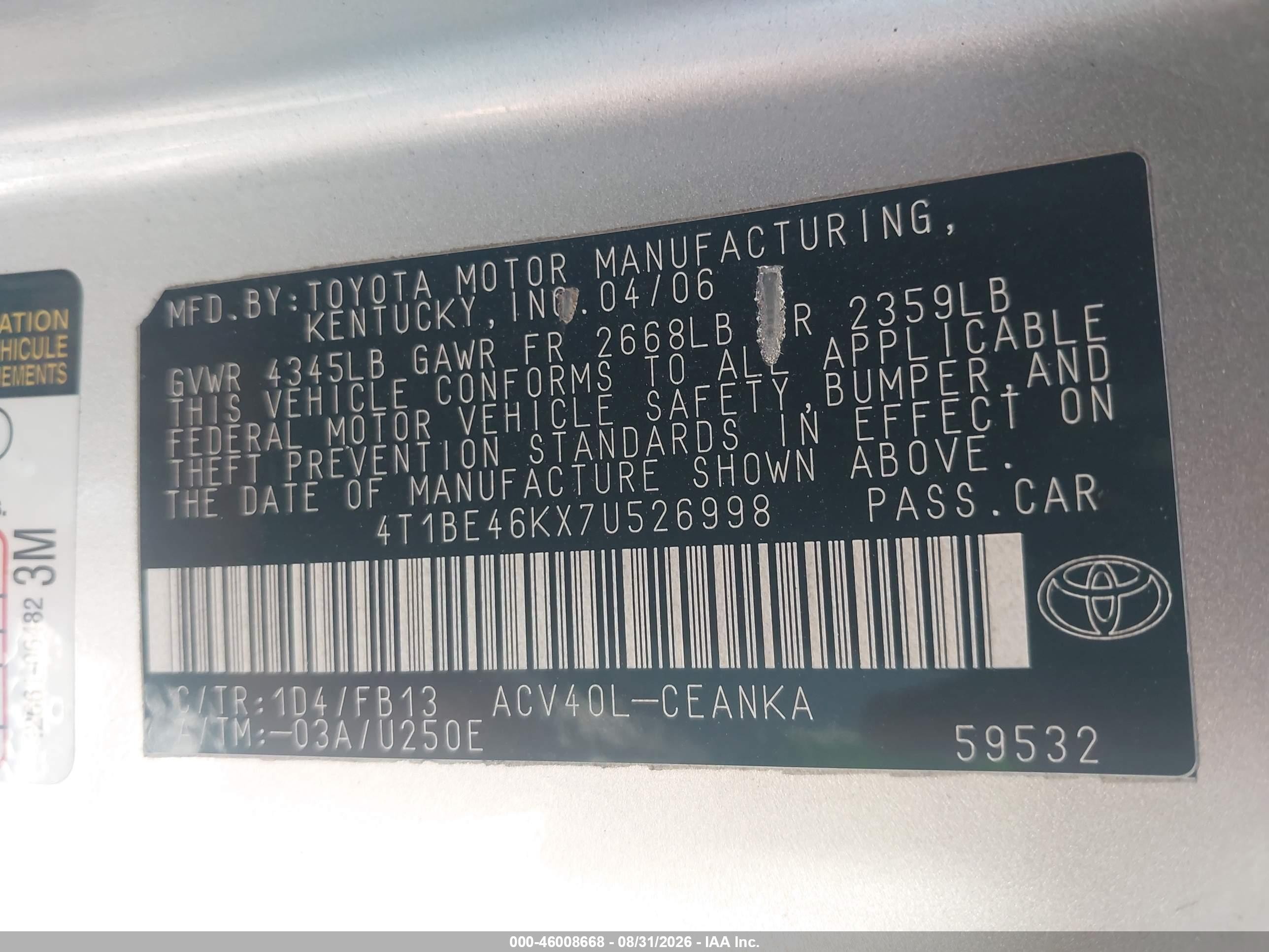 2007 Toyota Camry Le Silver vin: 4T1BE46KX7U526998