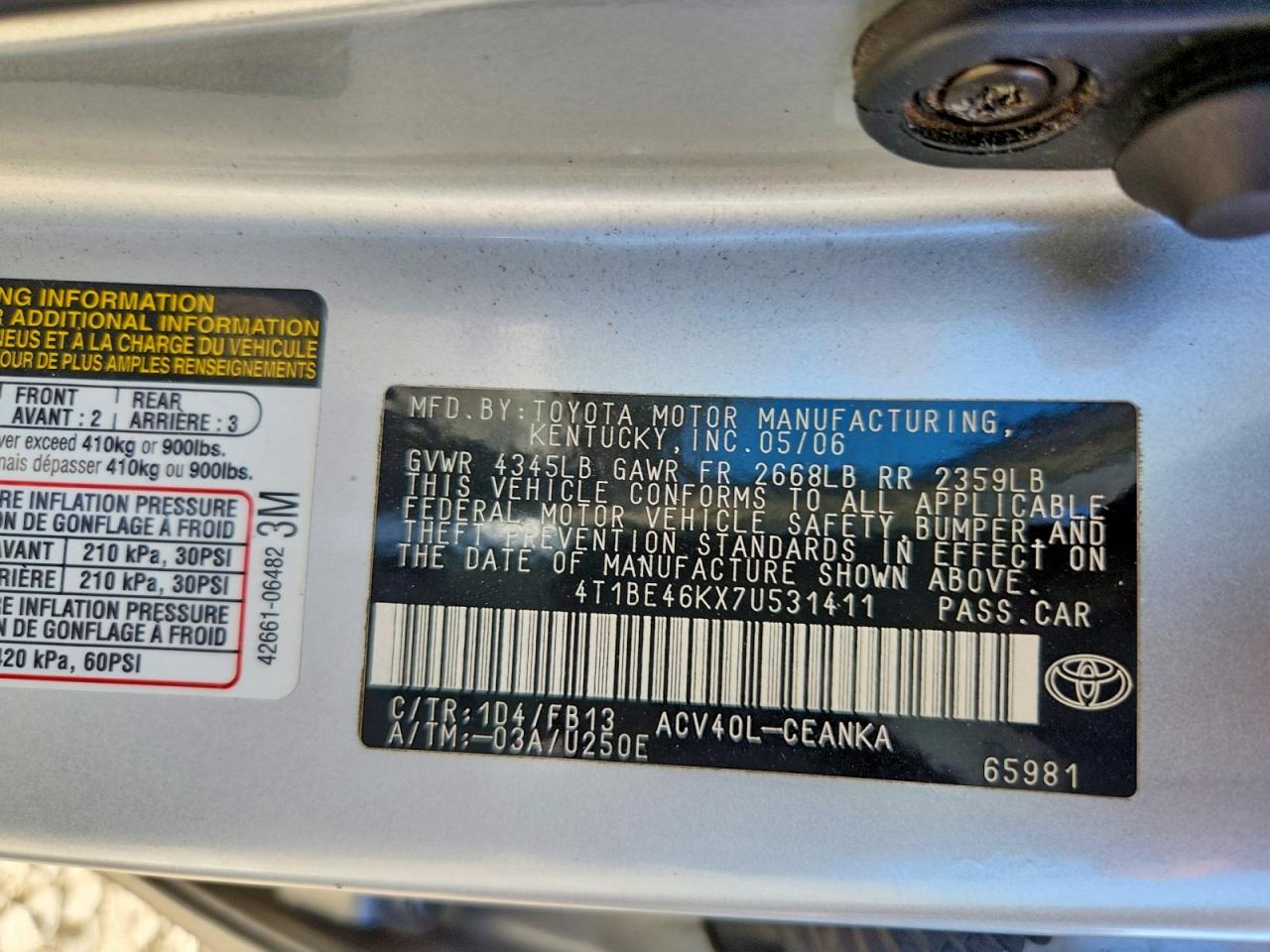 2007 Toyota Camry Le Silver vin: 4T1BE46KX7U531411