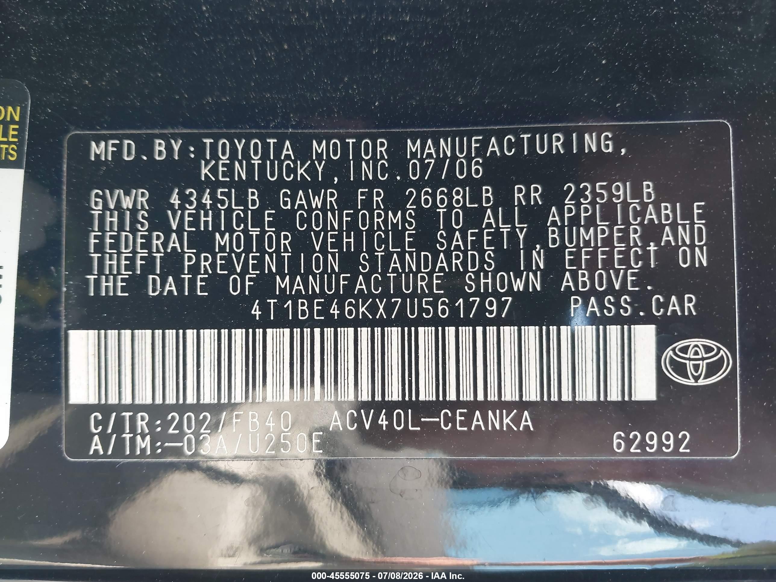 2007 Toyota Camry Ce/le/se/xle Black vin: 4T1BE46KX7U561797