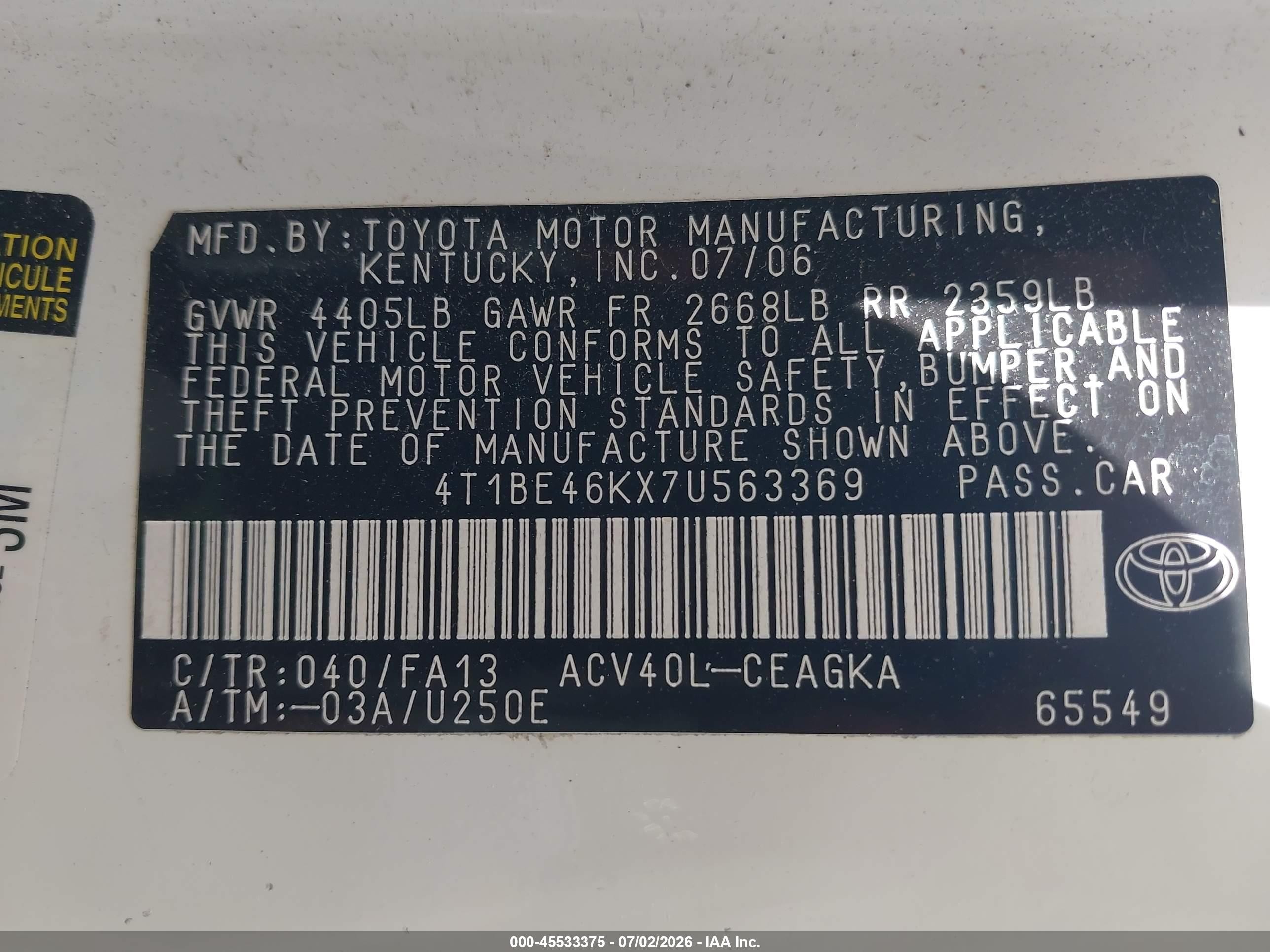 2007 Toyota Camry Xle White vin: 4T1BE46KX7U563369