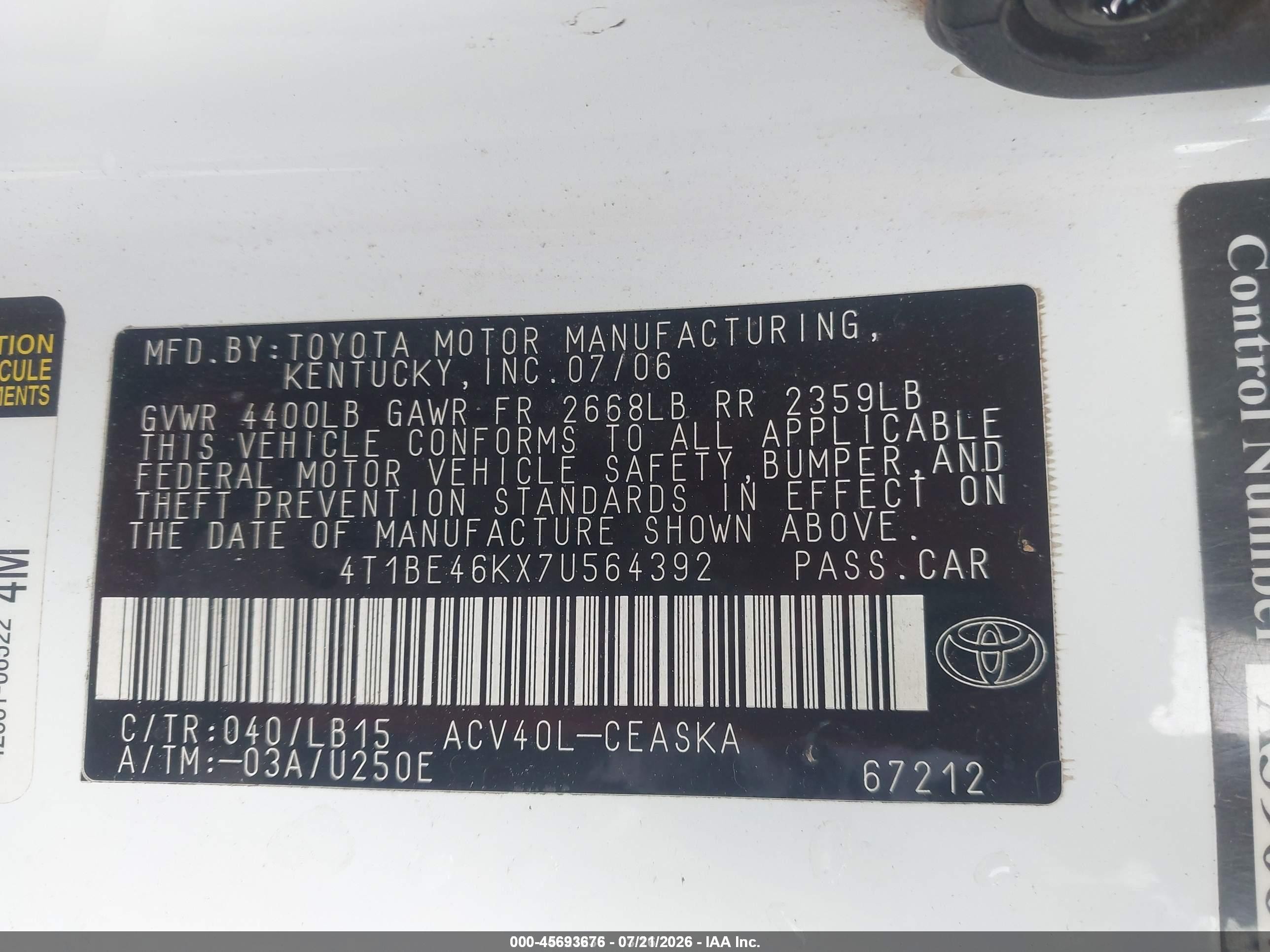 2007 Toyota Camry Se White vin: 4T1BE46KX7U564392