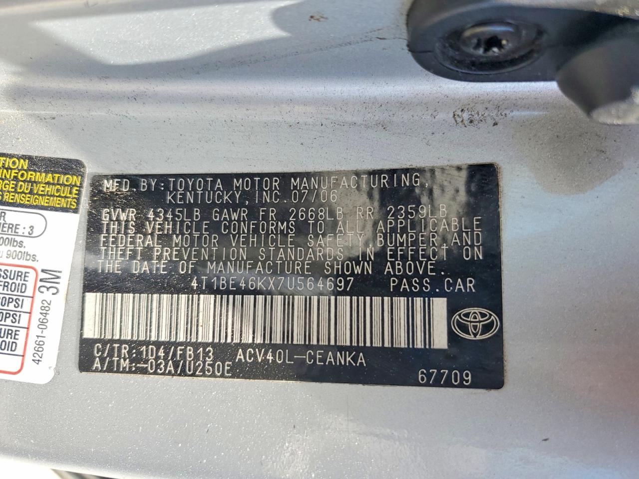 2007 Toyota Camry Le Silver vin: 4T1BE46KX7U564697