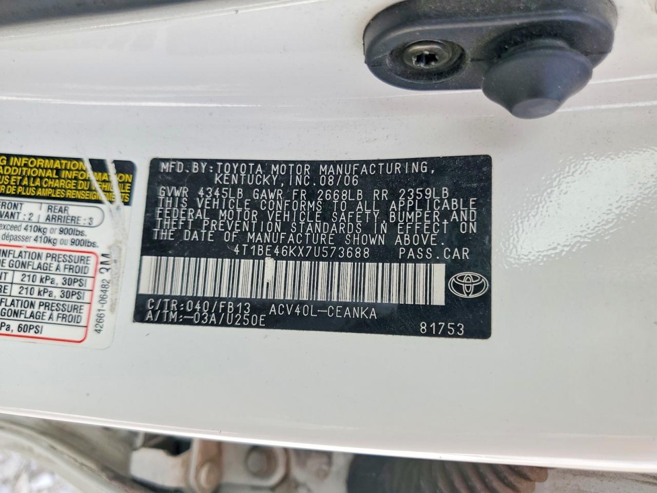 2007 Toyota Camry Ce White vin: 4T1BE46KX7U573688