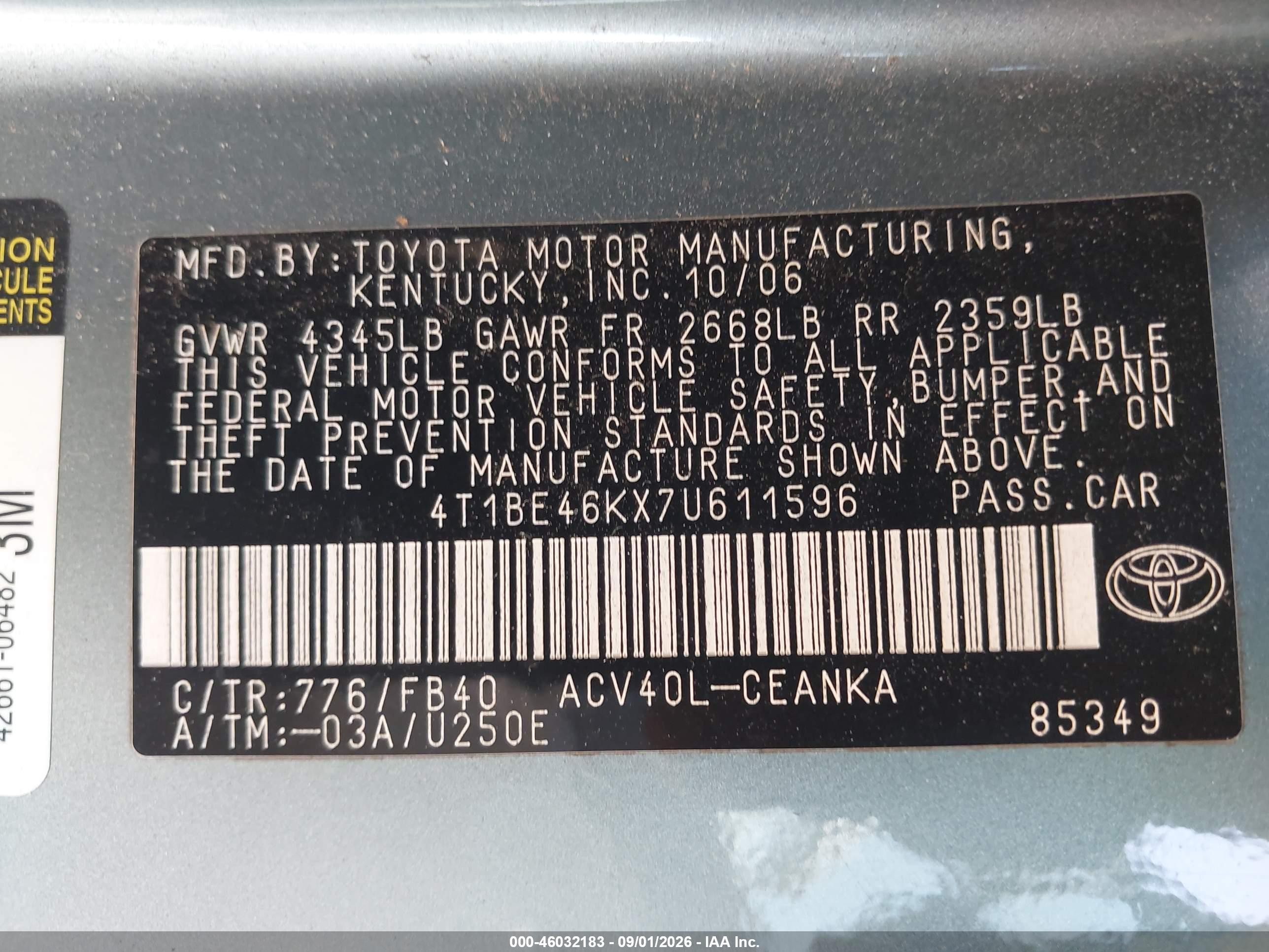 2007 Toyota Camry Le Teal vin: 4T1BE46KX7U611596