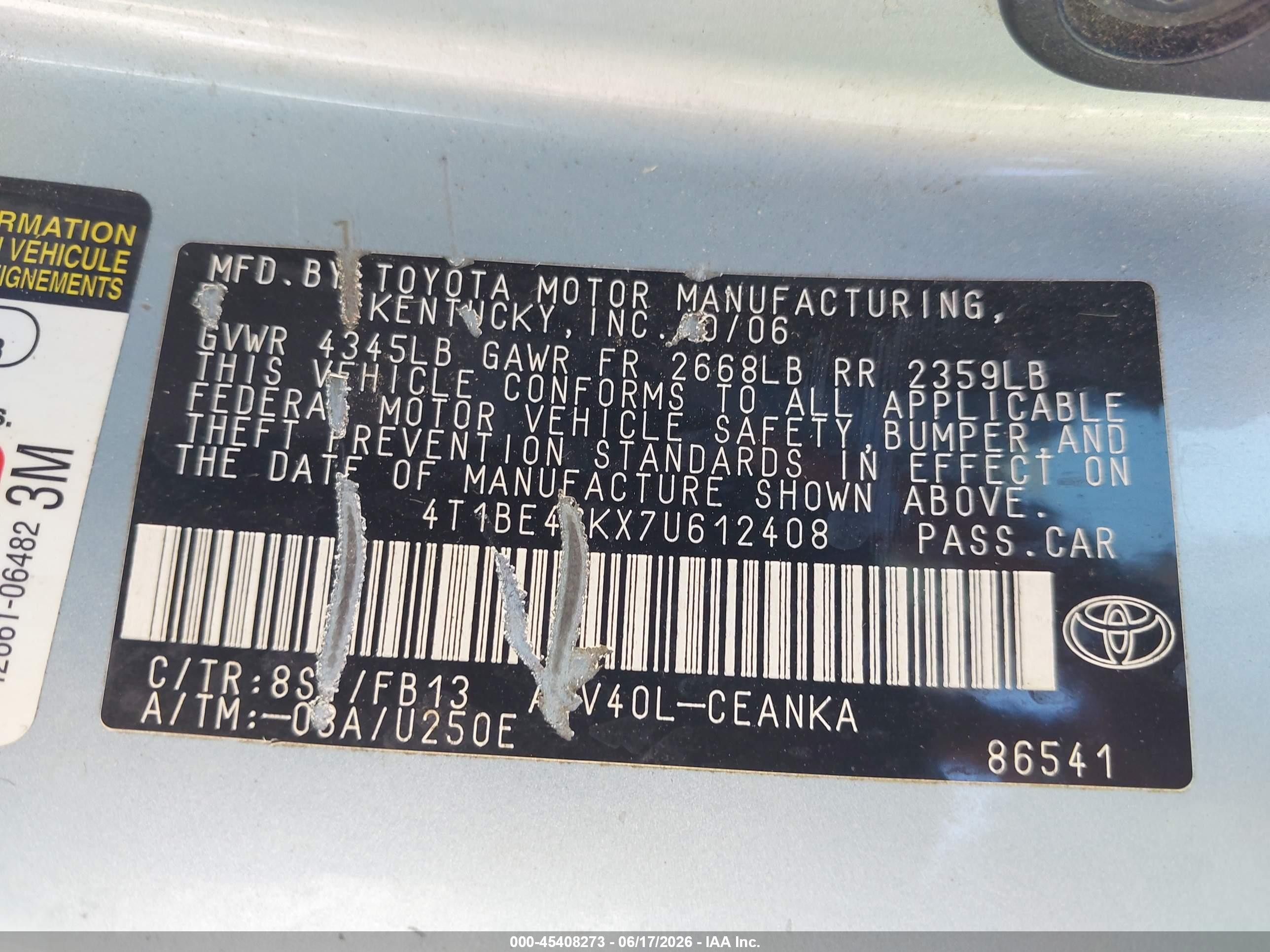 2007 Toyota Camry Le Light Blue vin: 4T1BE46KX7U612408
