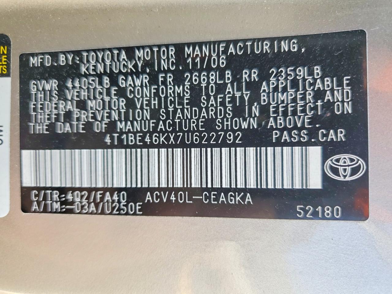 2007 Toyota Camry Xle Cream vin: 4T1BE46KX7U622792