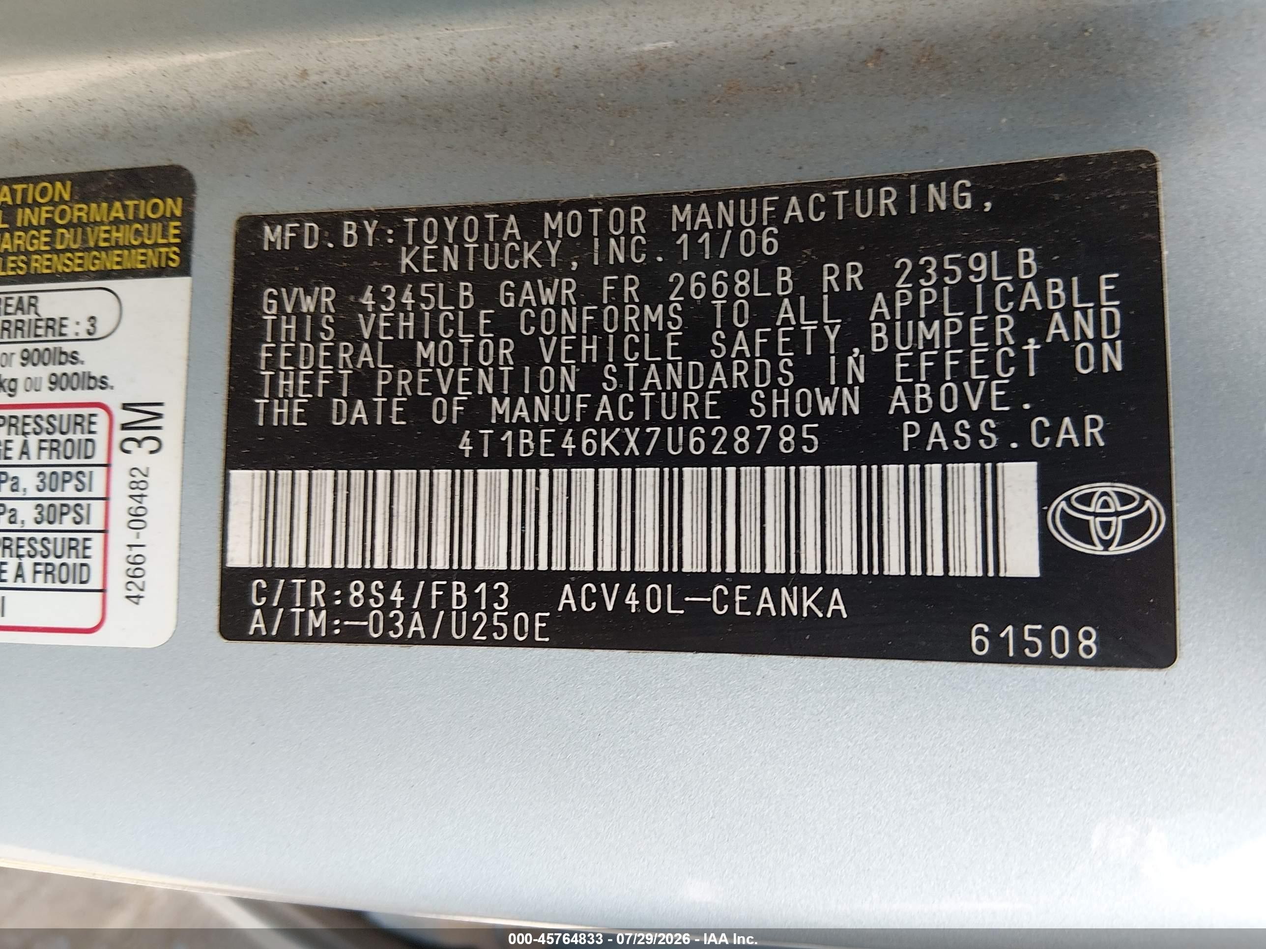 2007 Toyota Camry Le Light Blue vin: 4T1BE46KX7U628785