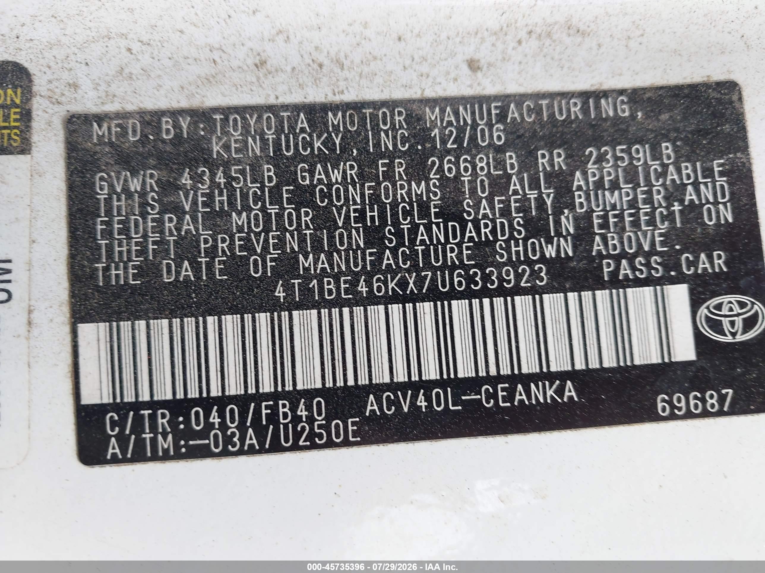 2007 Toyota Camry Ce Белый vin: 4T1BE46KX7U633923
