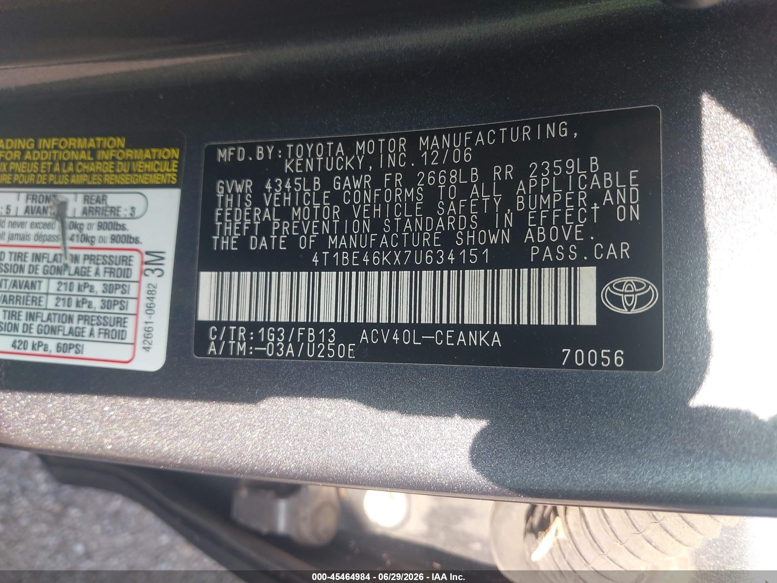 2007 Toyota Camry Le Gray vin: 4T1BE46KX7U634151