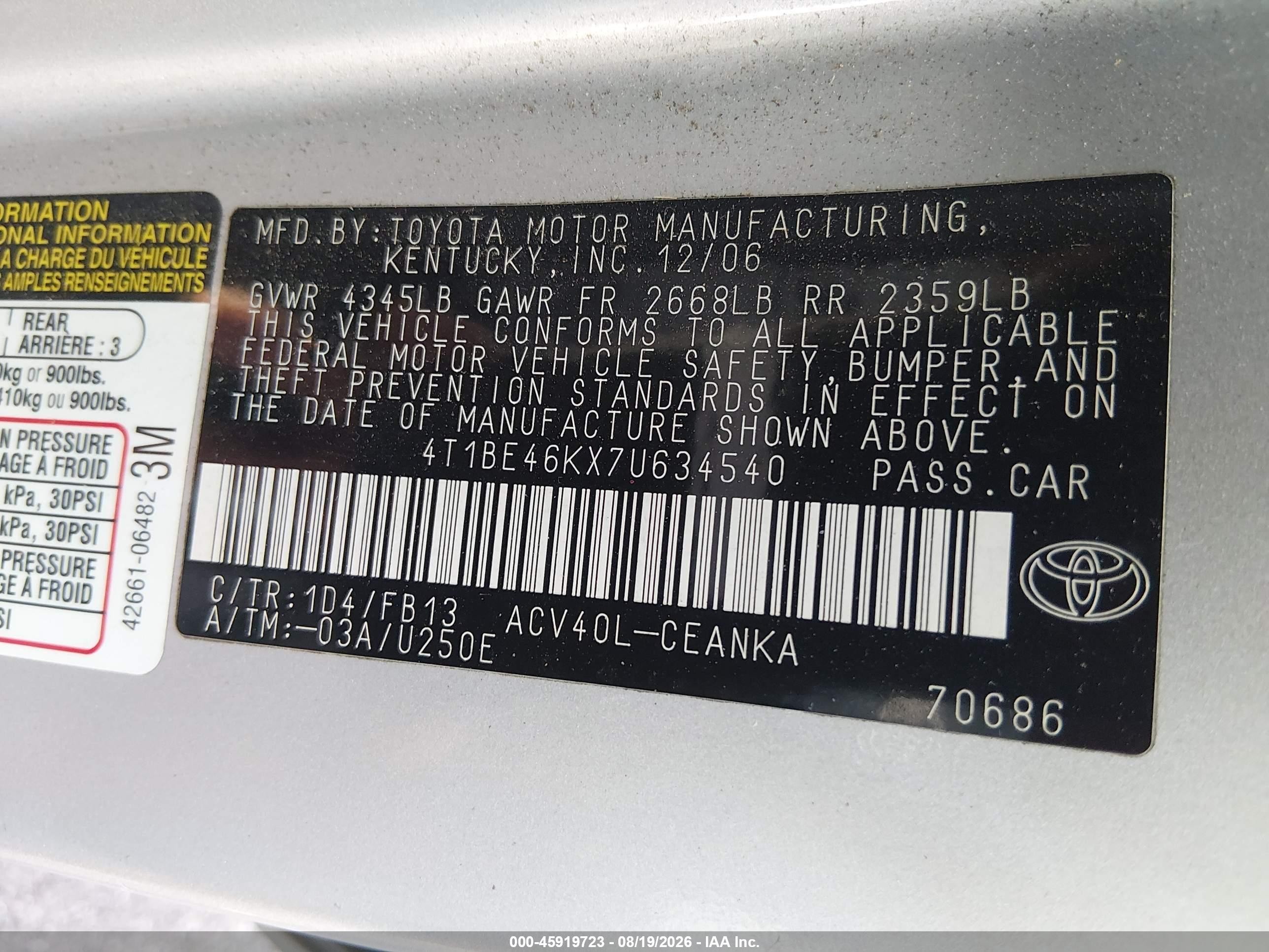 2007 Toyota Camry Le Silver vin: 4T1BE46KX7U634540