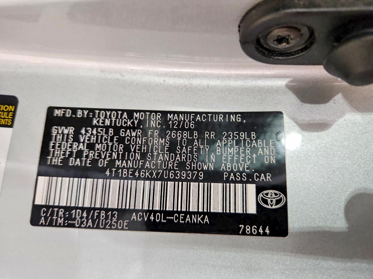 2007 Toyota Camry Le Серебряный vin: 4T1BE46KX7U639379