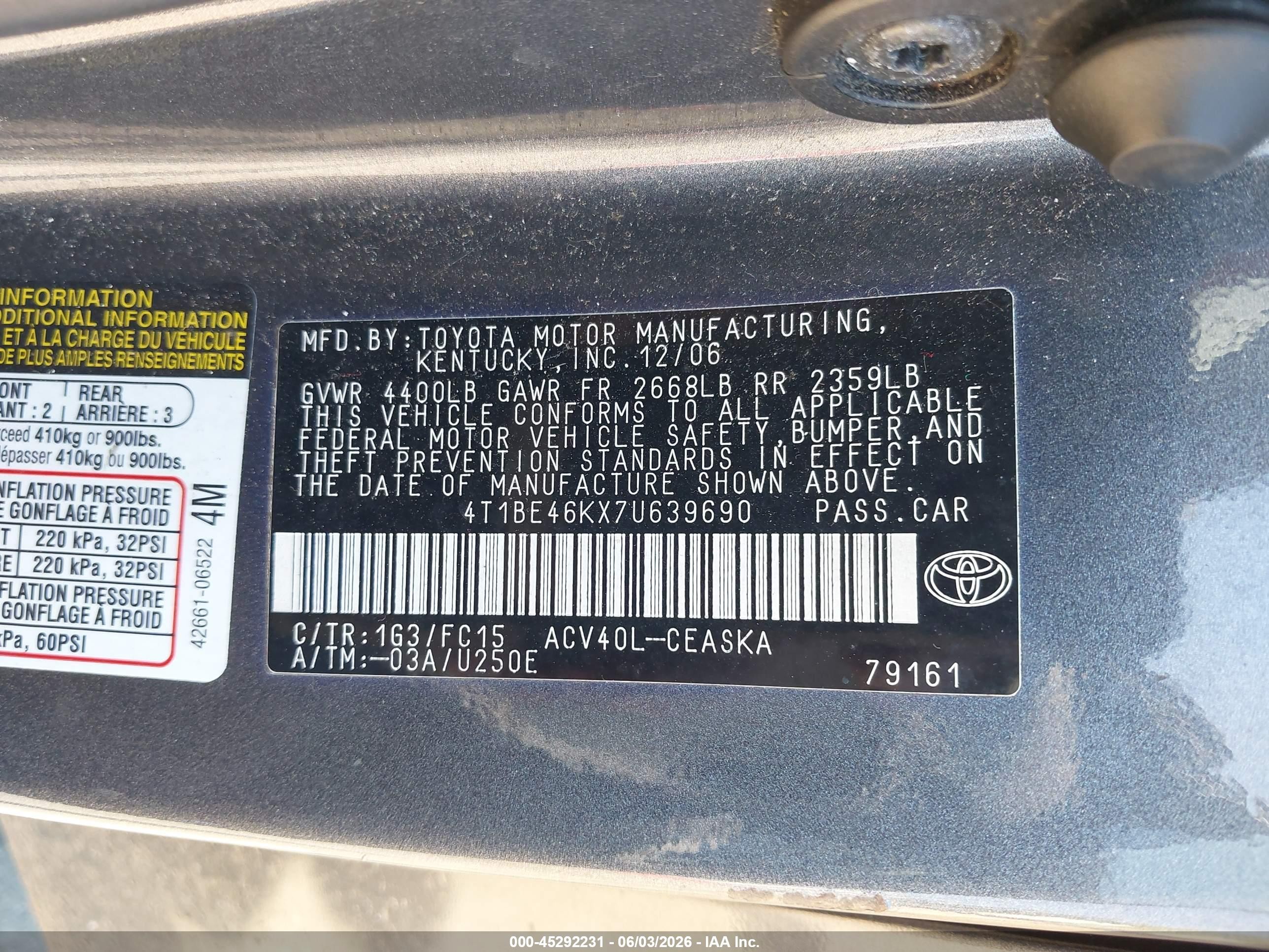 2007 Toyota Camry Se Gray vin: 4T1BE46KX7U639690