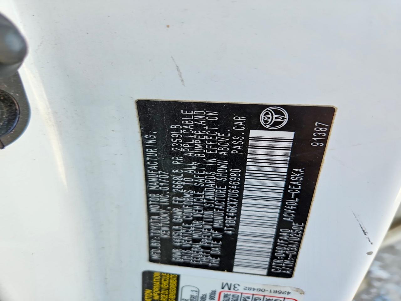 2007 Toyota Camry Xle White vin: 4T1BE46KX7U646980