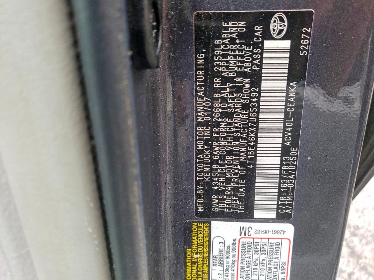 2007 Toyota Camry Le Gray vin: 4T1BE46KX7U653492