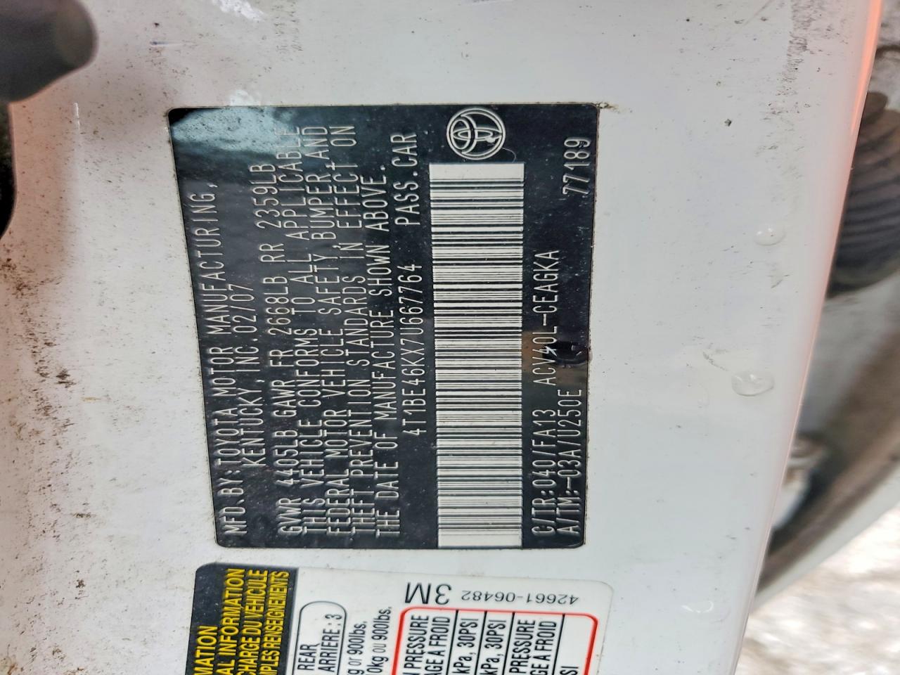 2007 Toyota Camry White vin: 4T1BE46KX7U667764