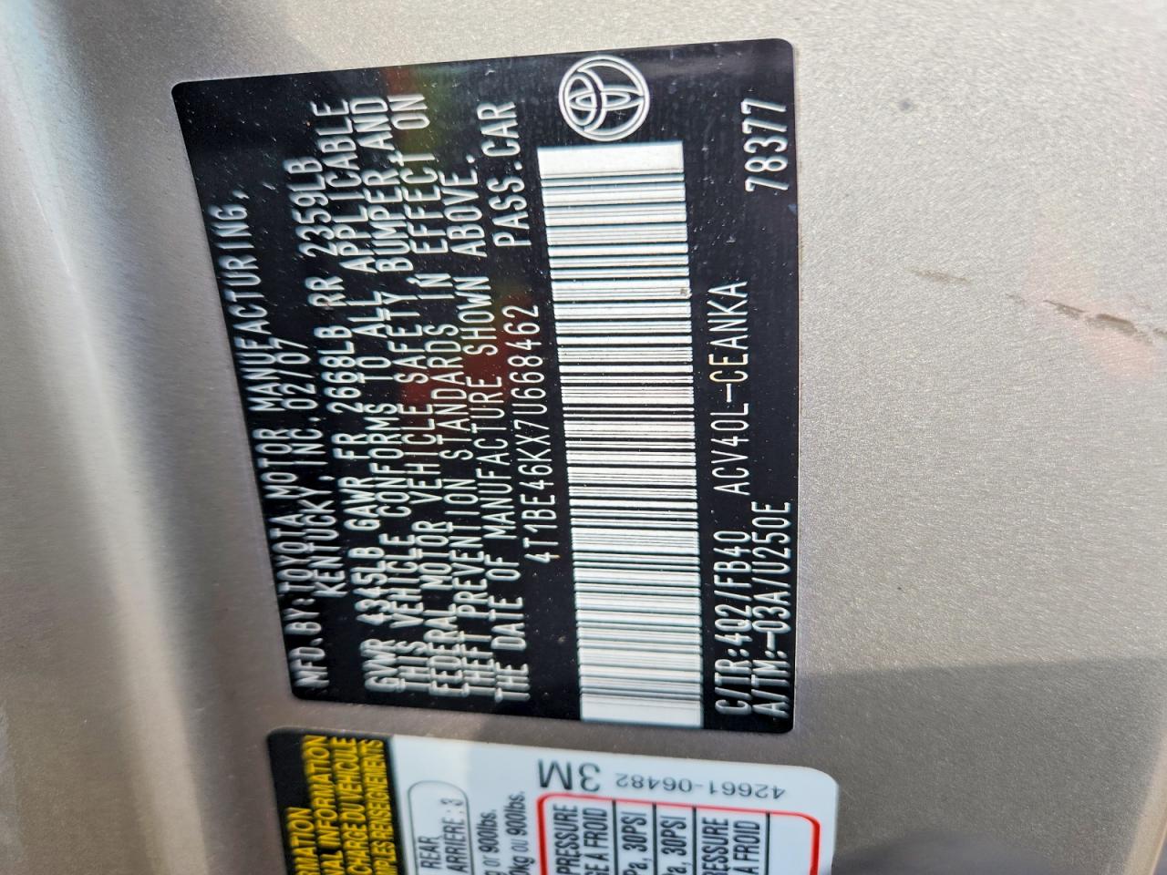 2007 Toyota Camry Le Gold vin: 4T1BE46KX7U668462