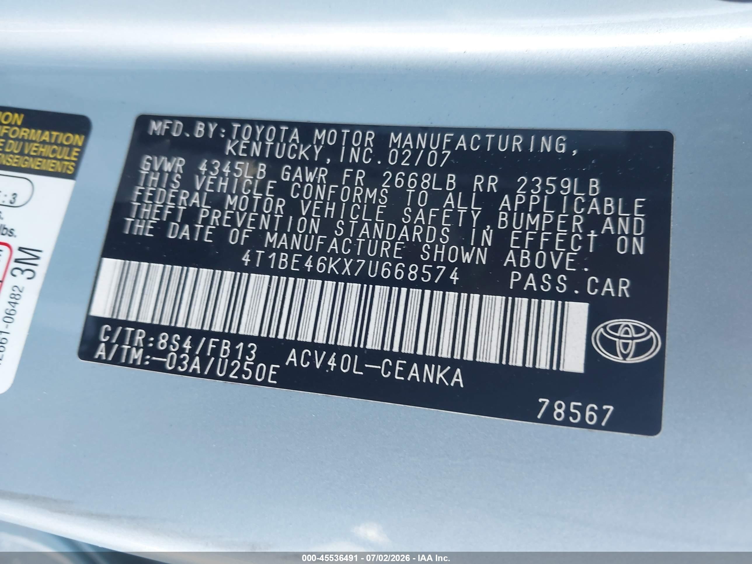 2007 Toyota Camry Le Blue vin: 4T1BE46KX7U668574