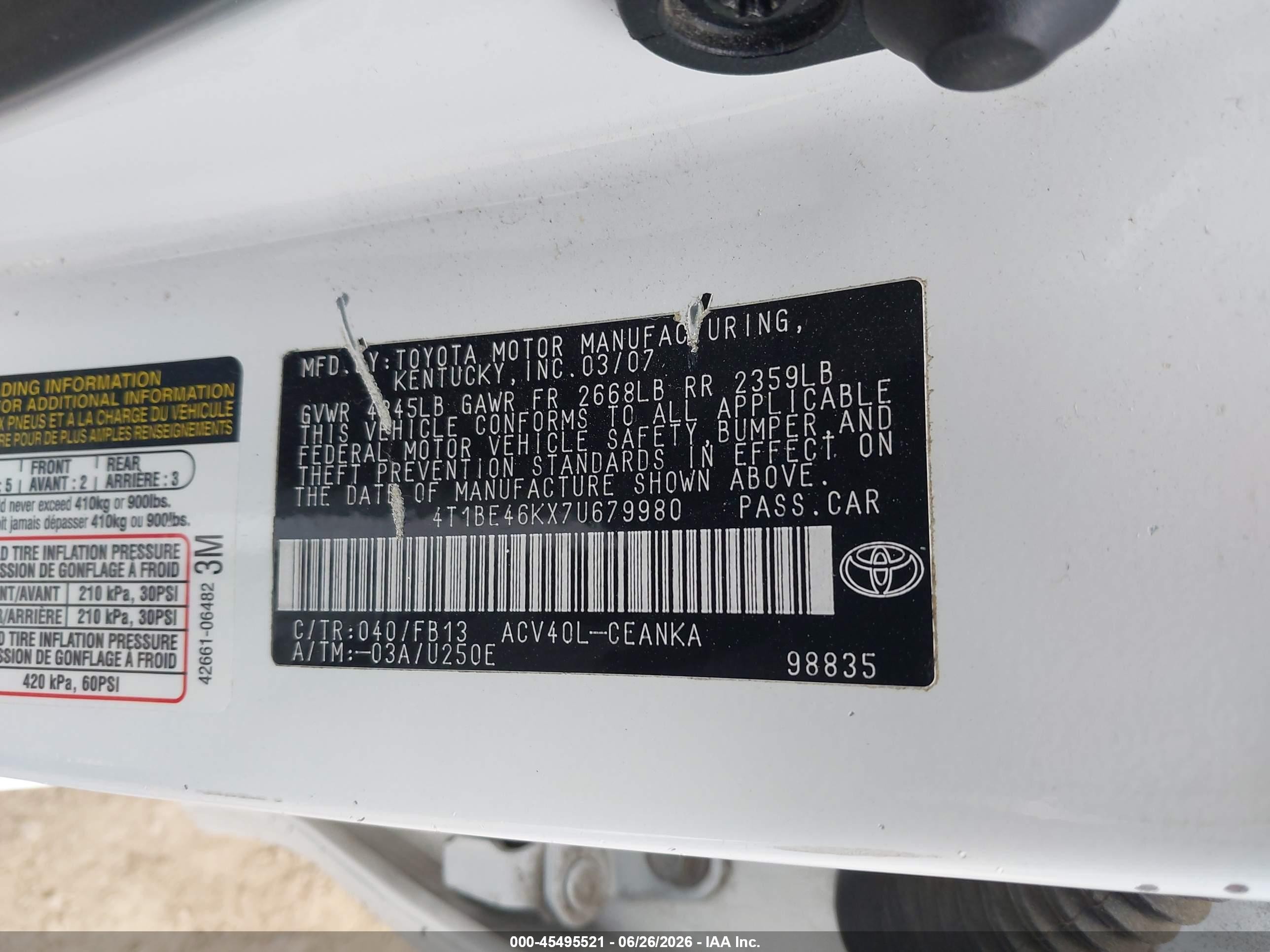 2007 Toyota Camry Le Белый vin: 4T1BE46KX7U679980