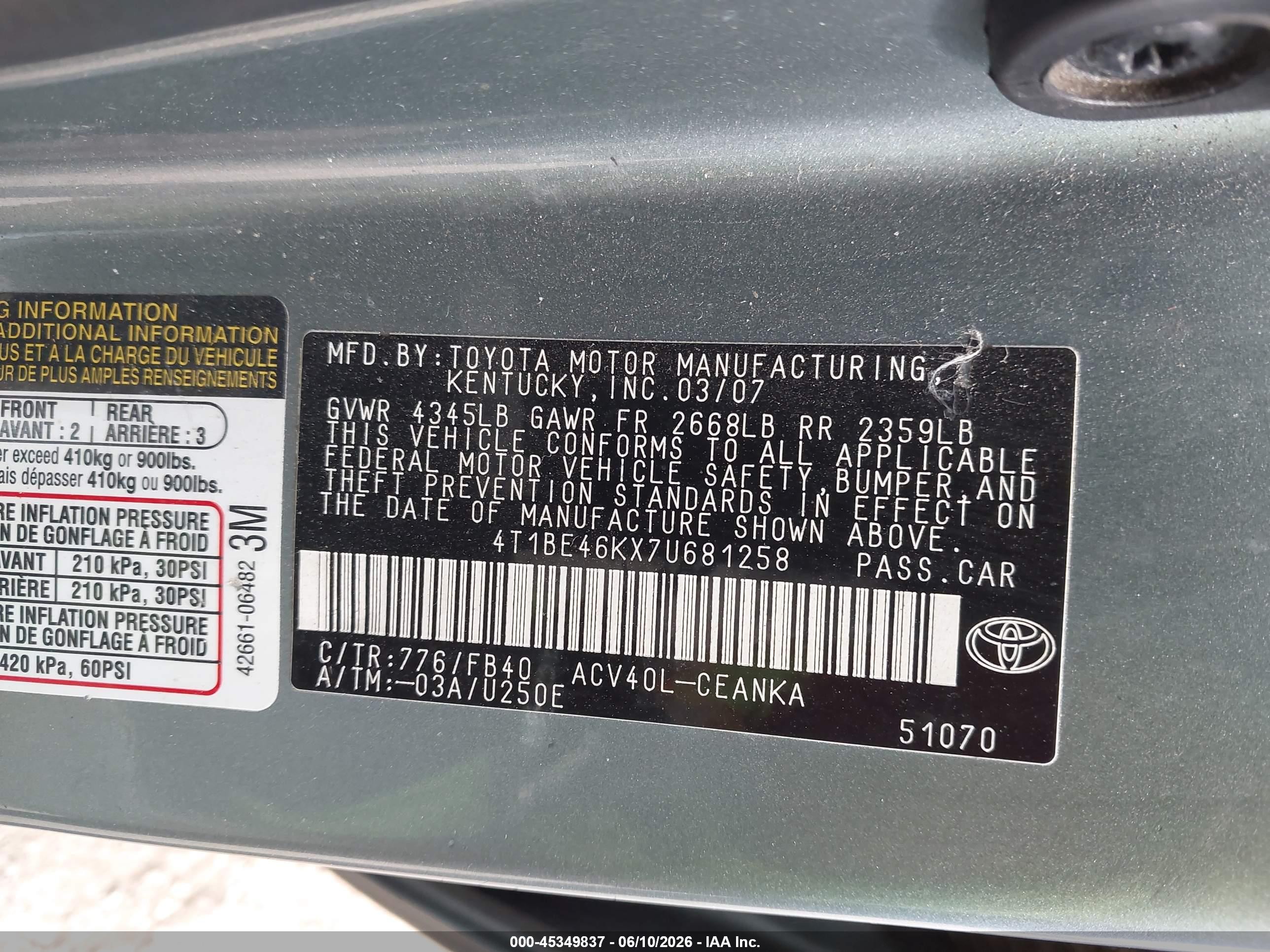 2007 Toyota Camry Le Green vin: 4T1BE46KX7U681258