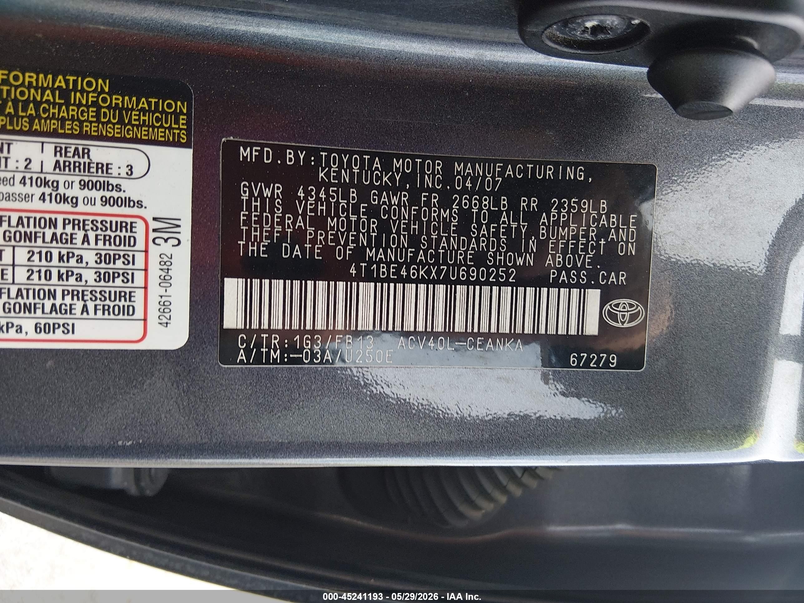 2007 Toyota Camry Le Gray vin: 4T1BE46KX7U690252
