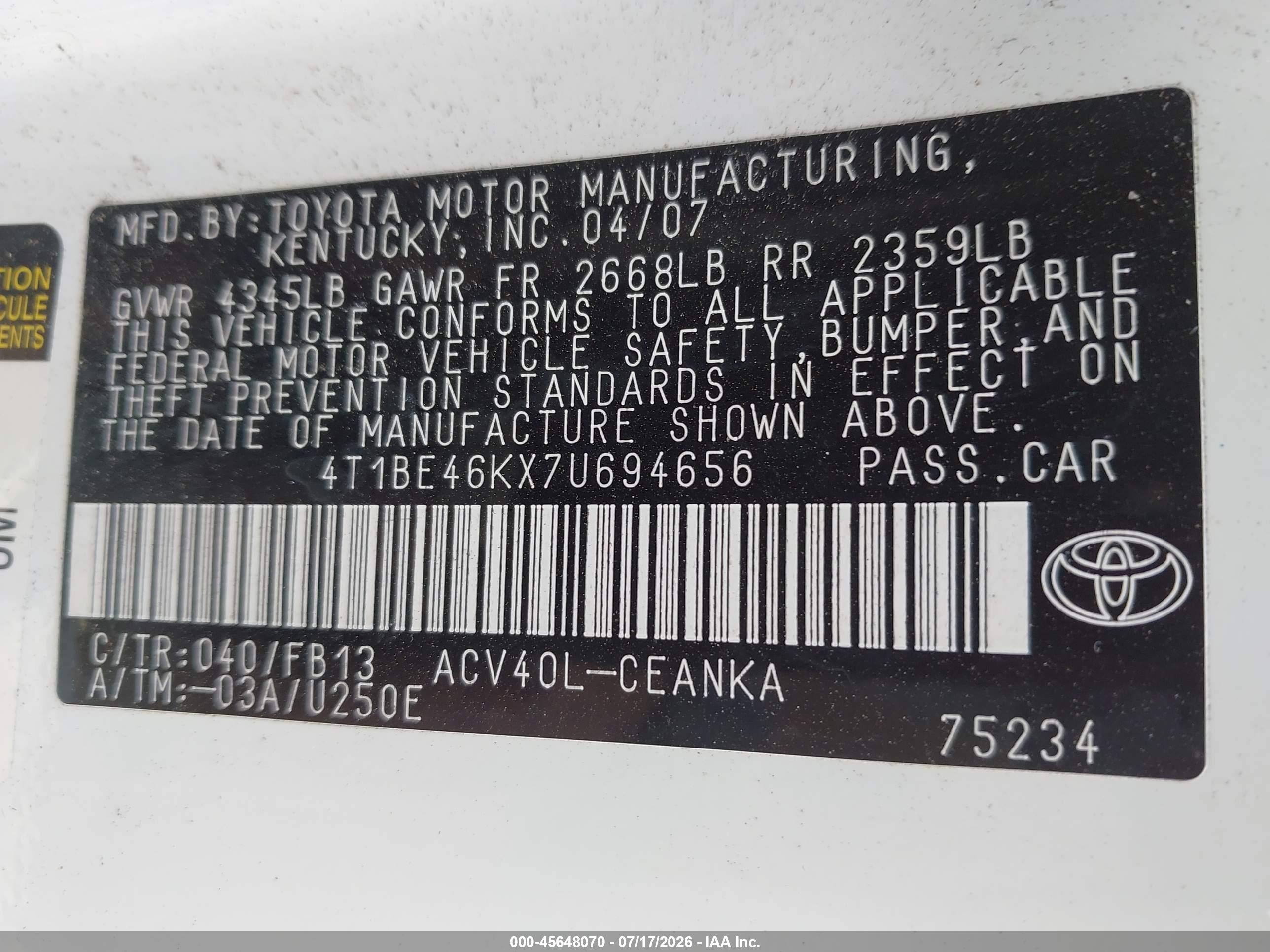 2007 Toyota Camry Le White vin: 4T1BE46KX7U694656