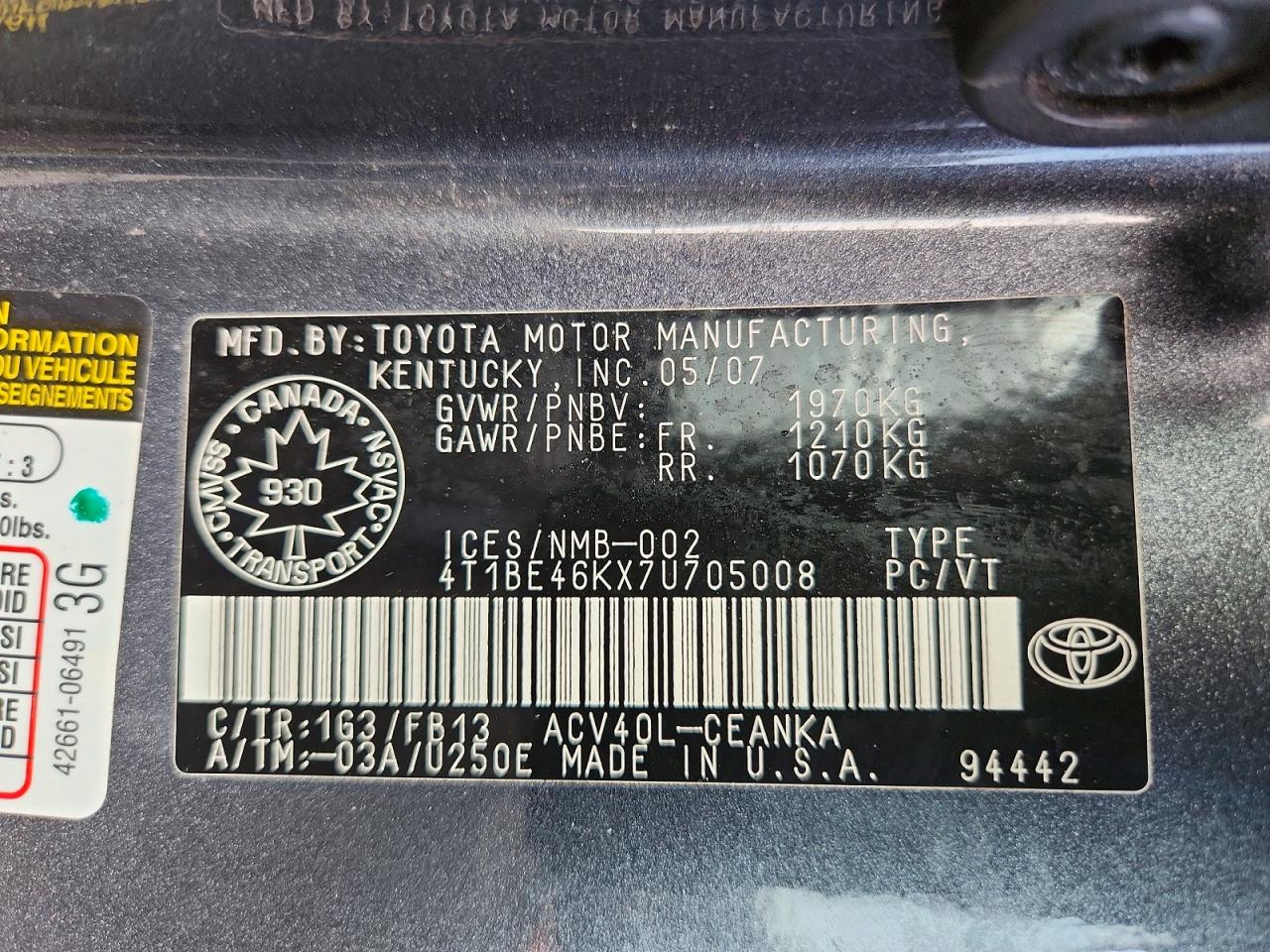 2007 Toyota Camry Ce Gray vin: 4T1BE46KX7U705008