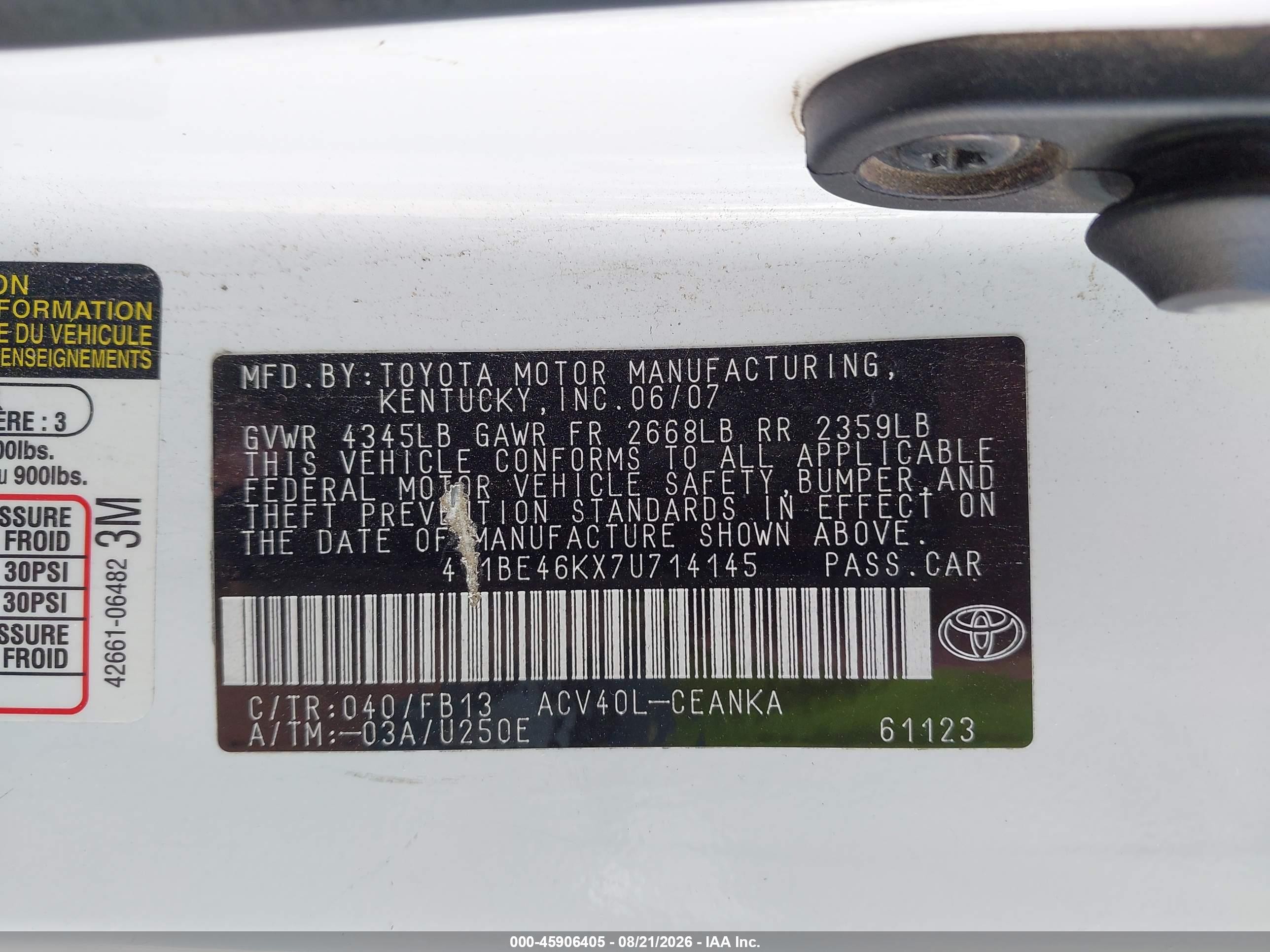 2007 Toyota Camry Le White vin: 4T1BE46KX7U714145