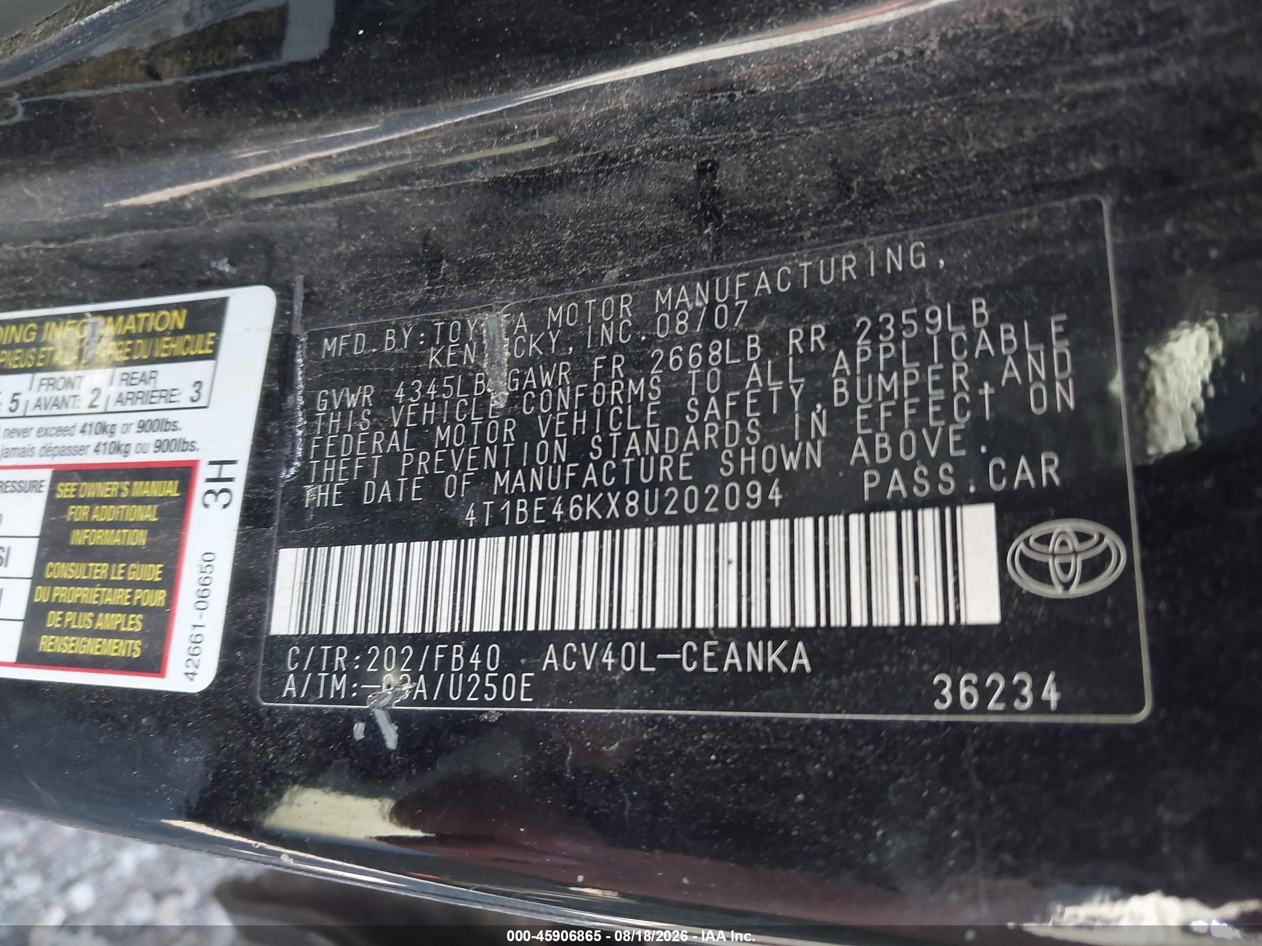 2008 Toyota Camry Le Black vin: 4T1BE46KX8U202094