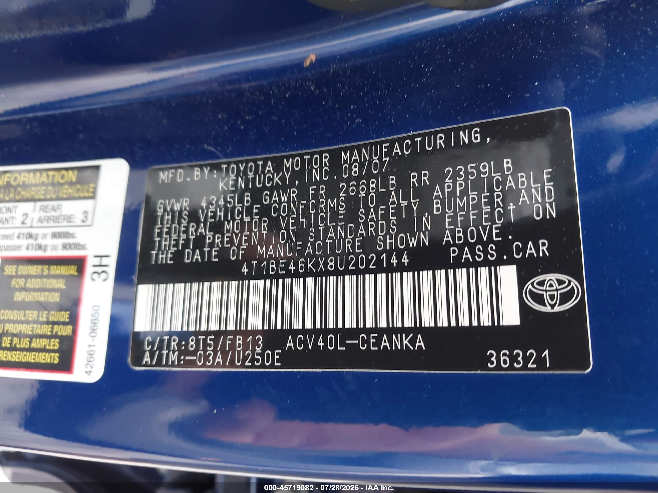 2008 Toyota Camry Le Blue vin: 4T1BE46KX8U202144