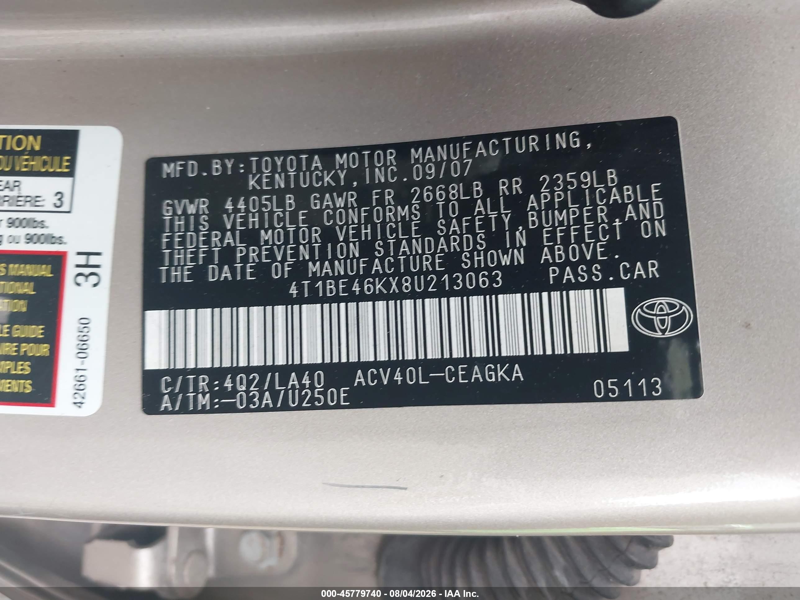 2008 Toyota Camry Xle Beige vin: 4T1BE46KX8U213063