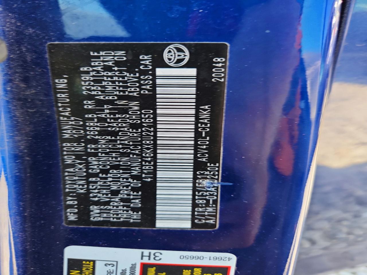 2008 Toyota Camry Le Blue vin: 4T1BE46KX8U221650