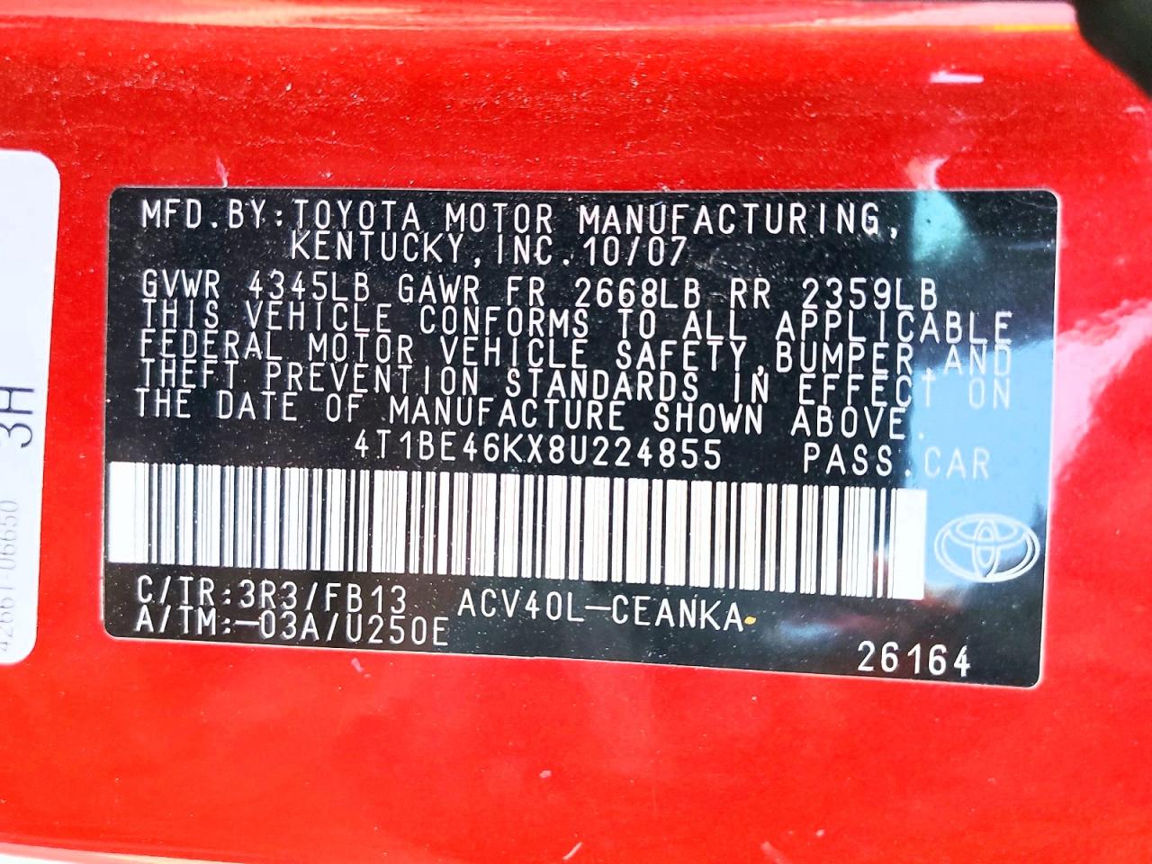 2008 Toyota Camry Le Бордовый vin: 4T1BE46KX8U224855