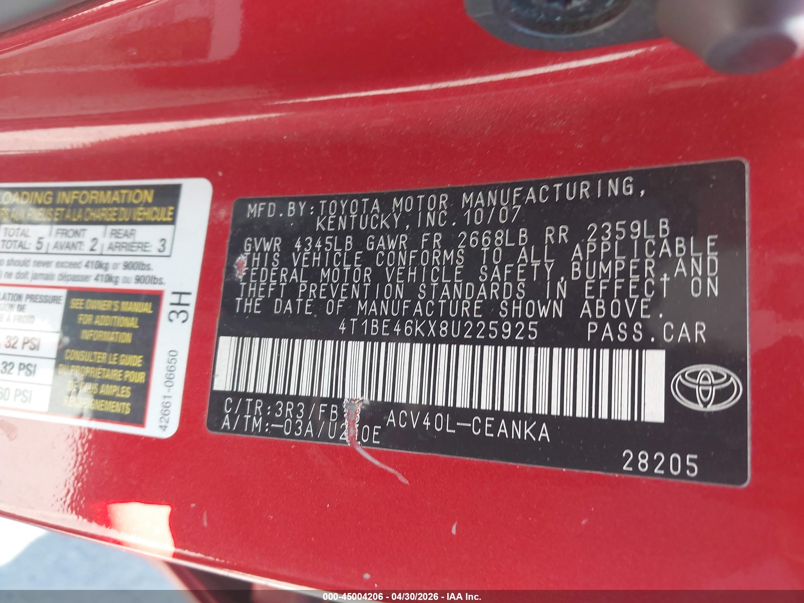 2008 Toyota Camry Le/se/xle Red vin: 4T1BE46KX8U225925