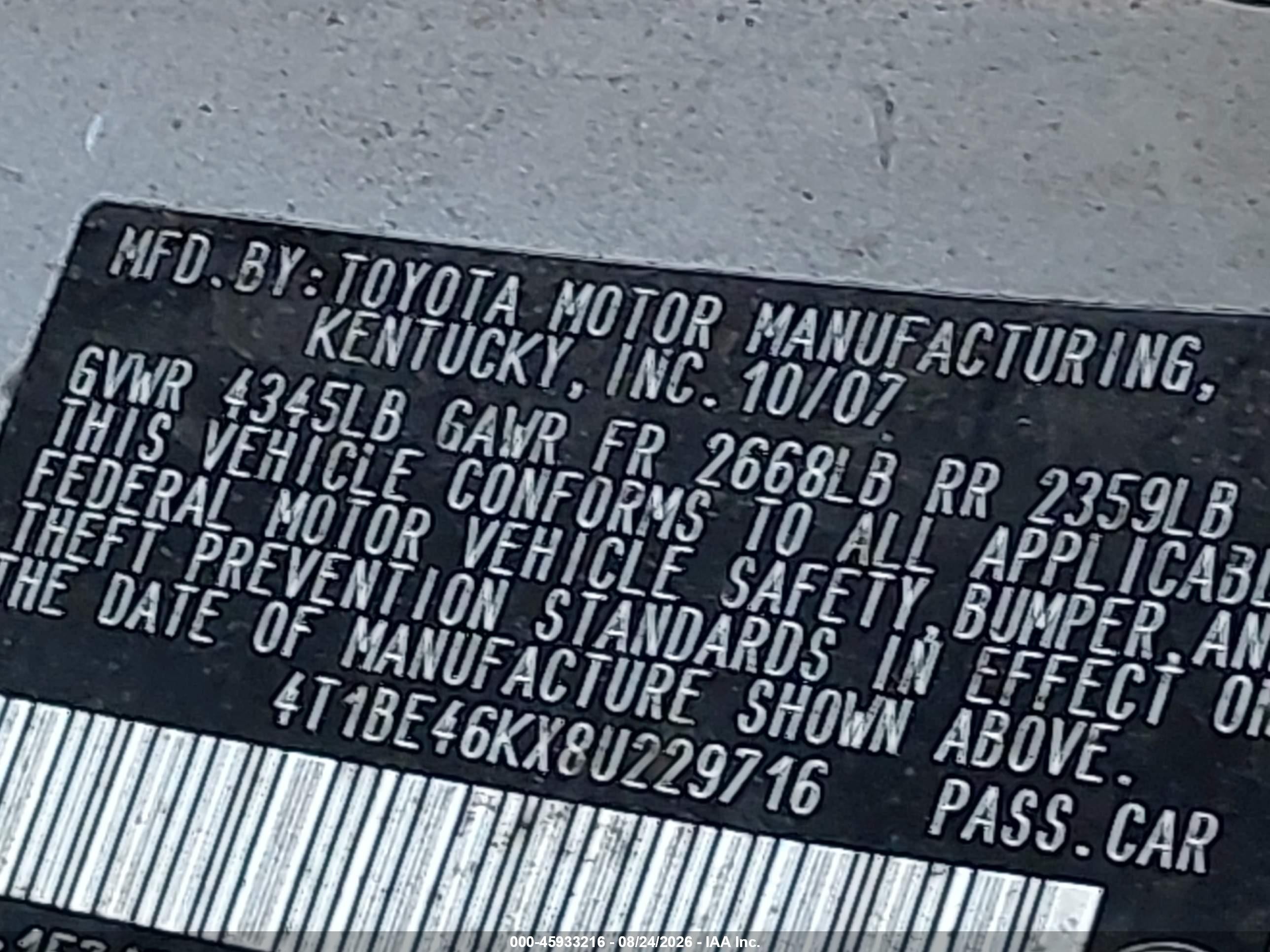 2008 Toyota Camry Le Silver vin: 4T1BE46KX8U229716